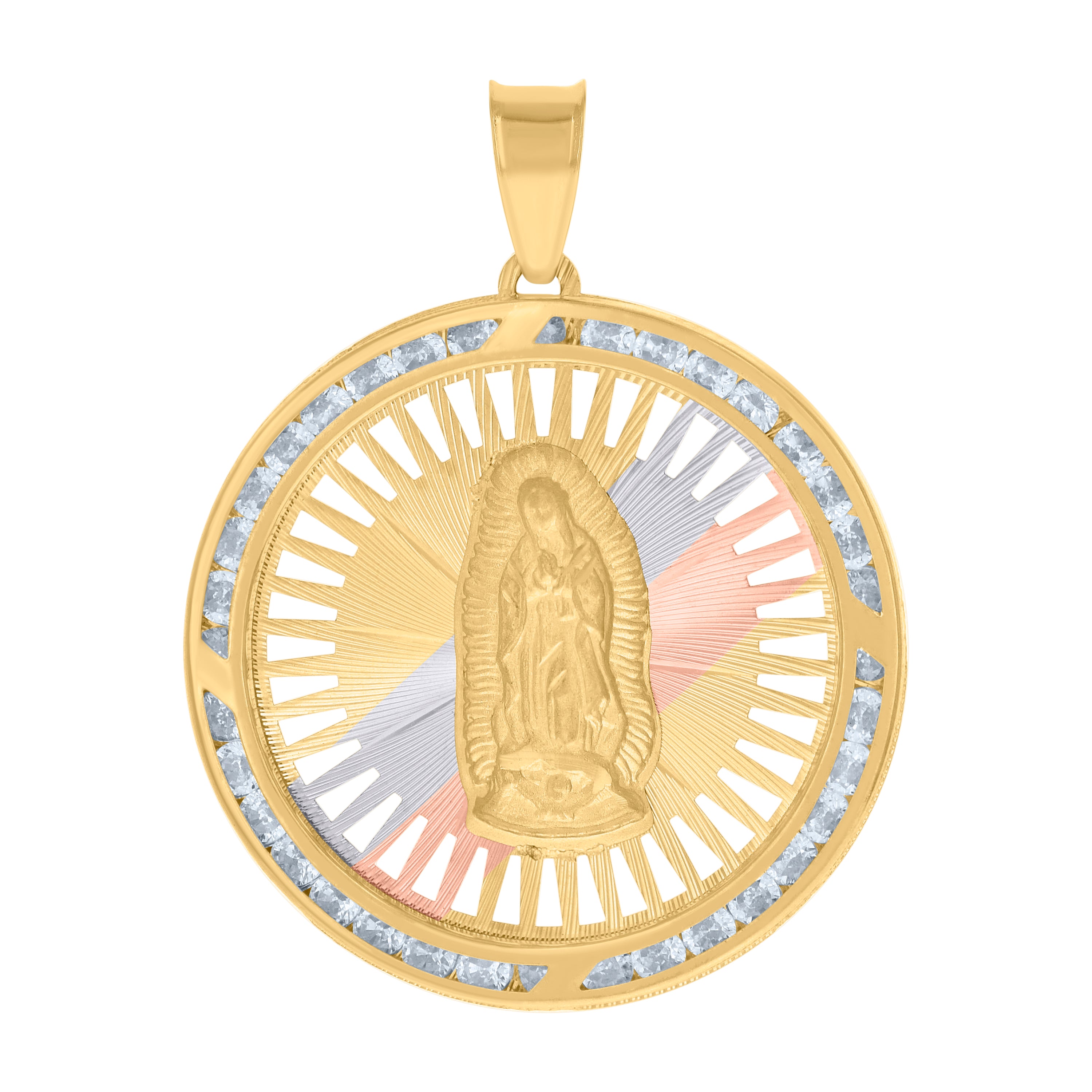 10kt Tri-Tone Gold Unisex Cubic Zirconia Cubic-Zirconia Lady Of Guadalupe Religious Pendant
