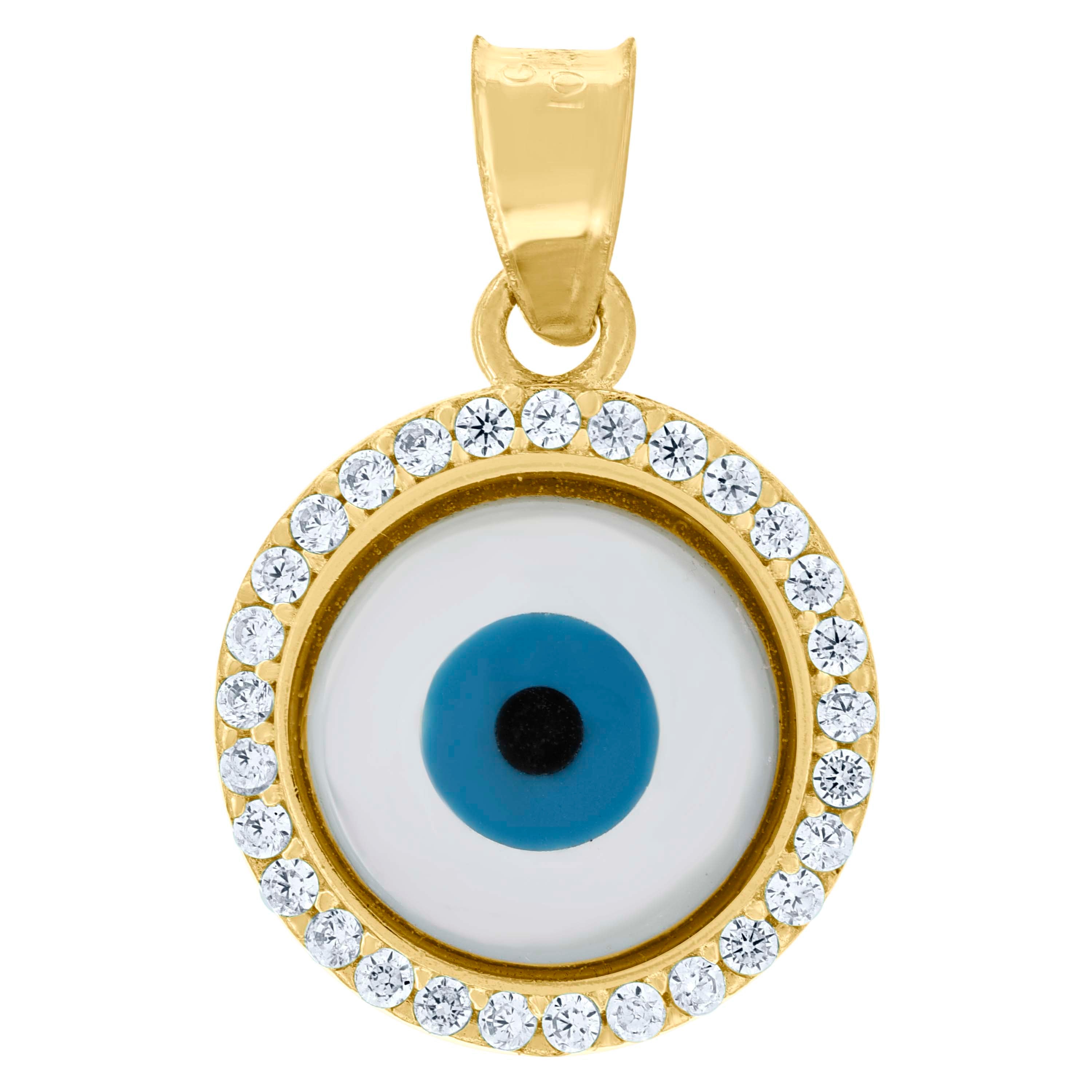 10kt Yellow Gold Unisex Cubic-Zirconia Evil Eye Blue White Enamel Charm Pendant