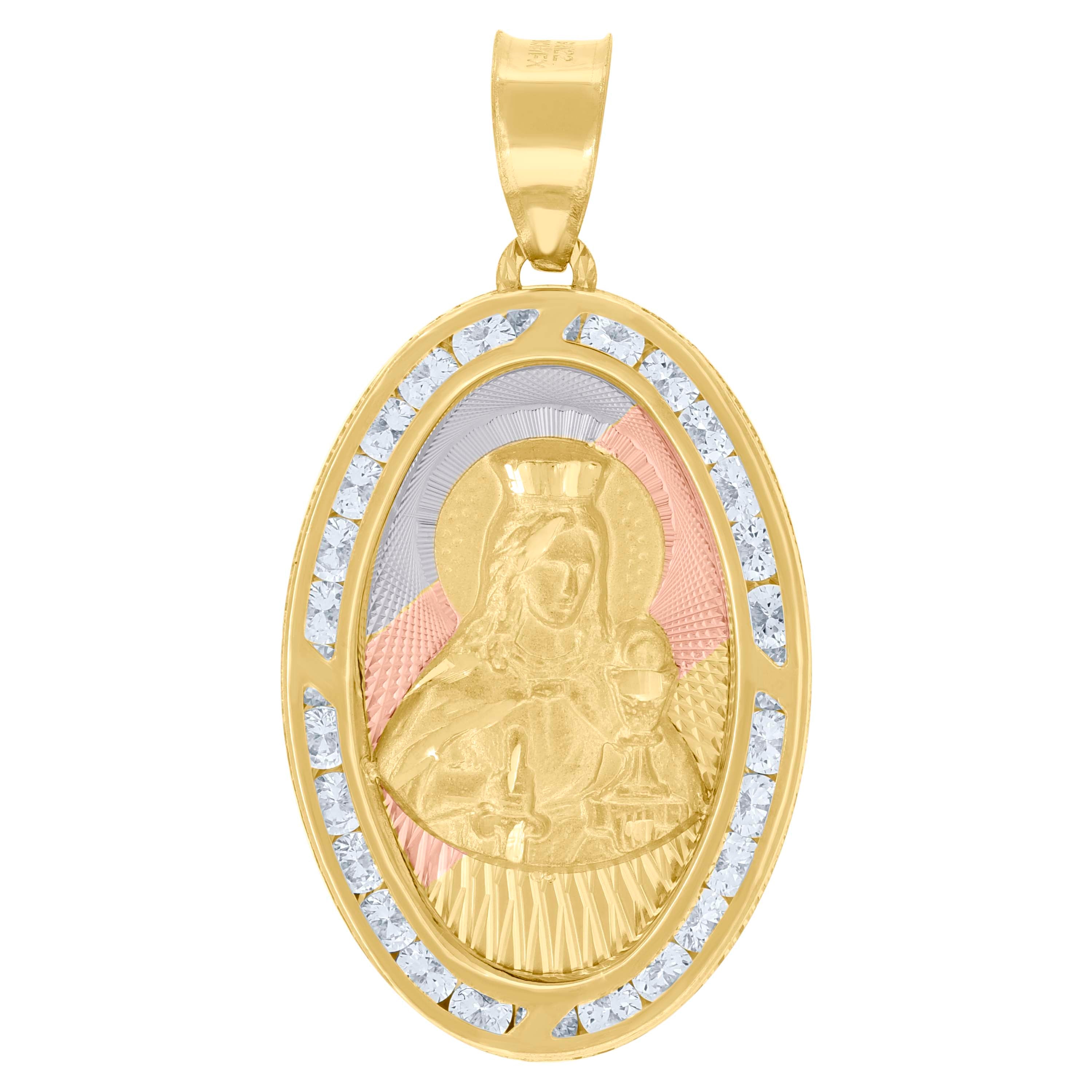 10kt Tri-Color Gold Unisex Cubic-Zirconia Textured Santa Barbara Religious Oval Charm Pendant
