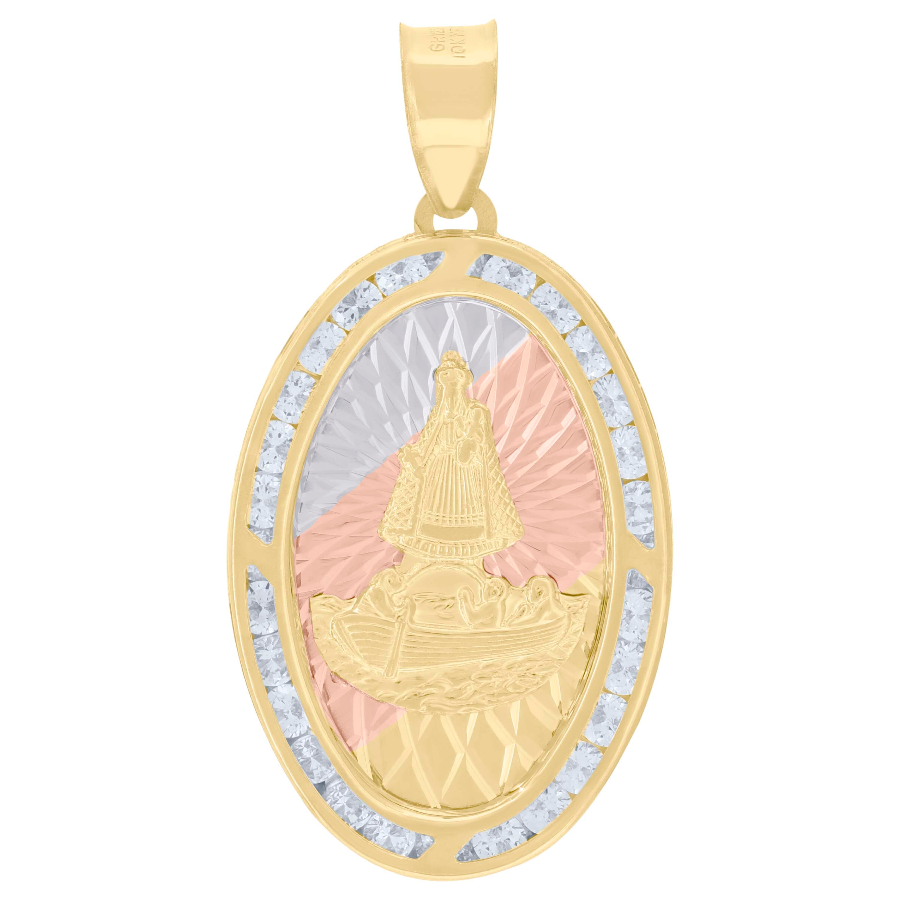 10kt Tri-Color Gold Unisex CZ Diamond-Cut Saint Brendan The Navigator Boat Plaque Religious Pendant