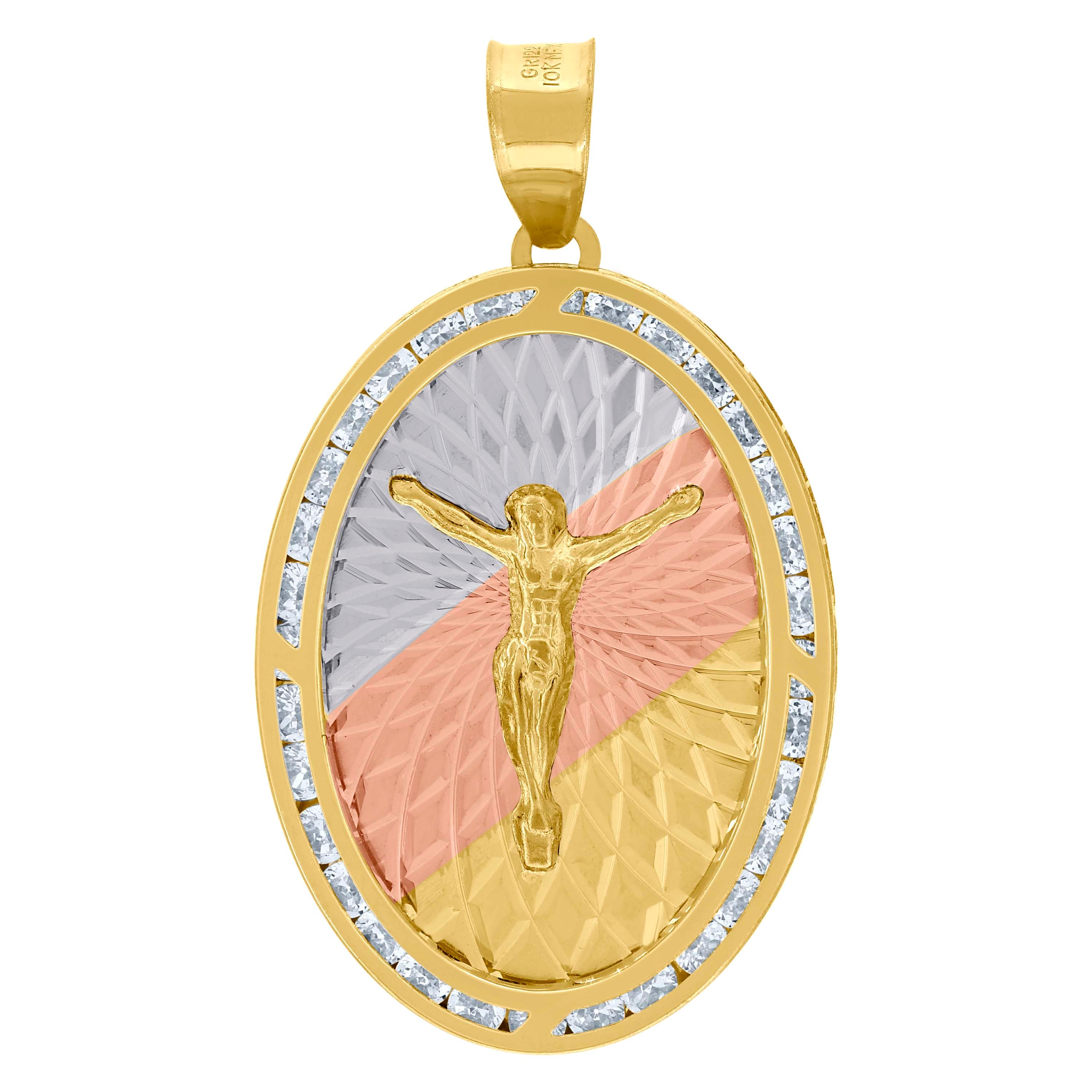 10kt Tri-Color Gold Unisex Cubic-Zirconia Textured Crucifix Religious Oval Charm Pendant