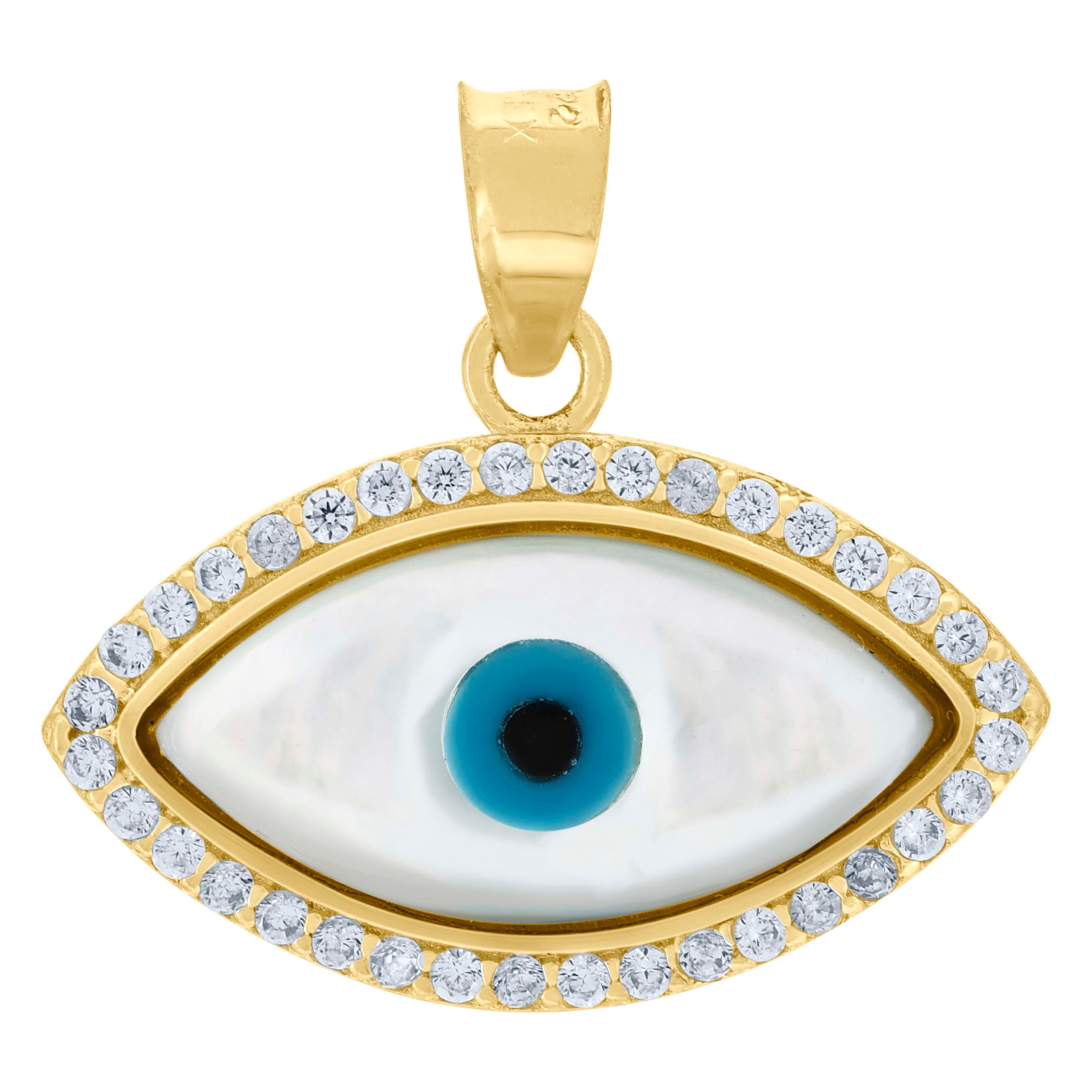 10kt Yellow Gold Unisex Cubic-Zirconia Evil Eye Blue White Enamel Charm Pendant