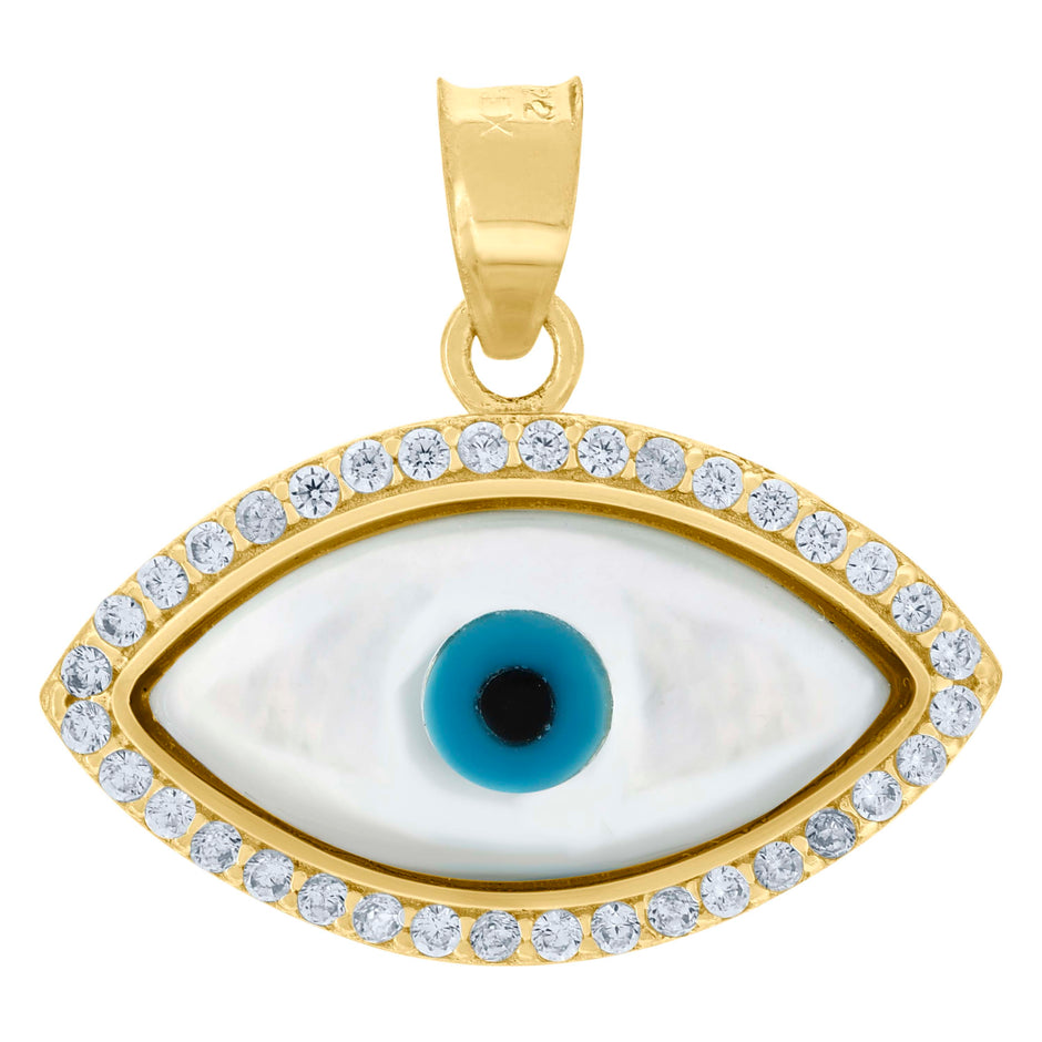 10kt Yellow Gold Unisex Cubic-Zirconia Evil Eye Blue White Enamel Charm Pendant