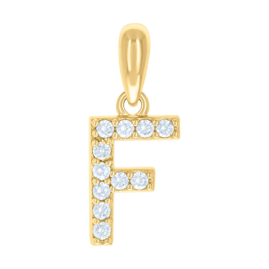 925 Sterling Silver Yellow-Tone Unisex Cubic-Zirconia Initial Alphabet F Charm Pendant