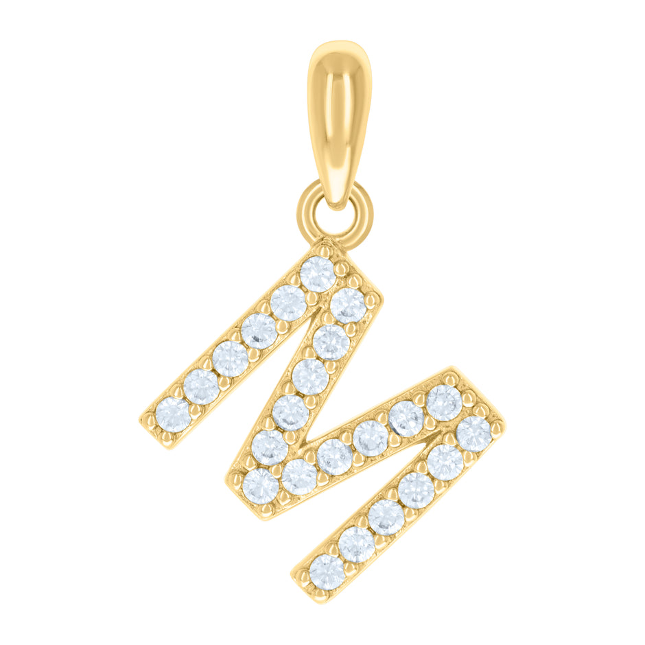 925 Sterling Silver Yellow-Tone Unisex Cubic-Zirconia Initial Alphabet M Charm Pendant