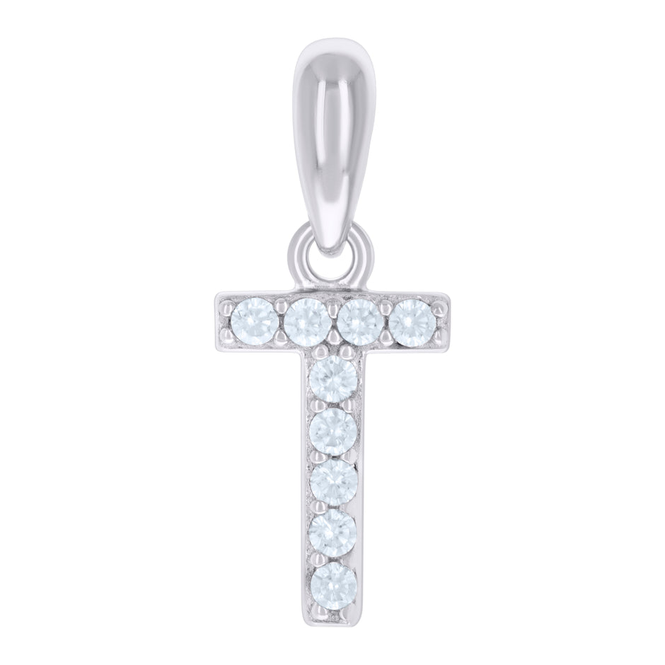 925 Sterling Silver Unisex Cubic-Zirconia Initial Alphabet T Charm Pendant
