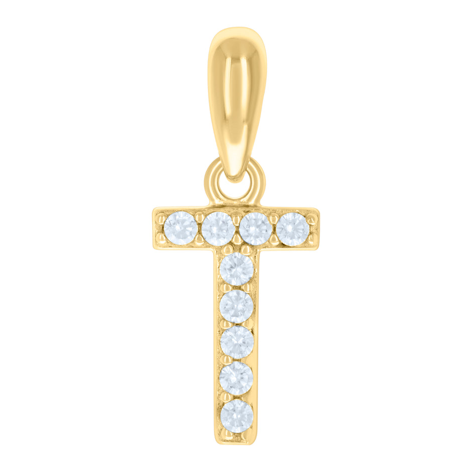 925 Sterling Silver Yellow-Tone Unisex Cubic-Zirconia Initial Alphabet T Charm Pendant