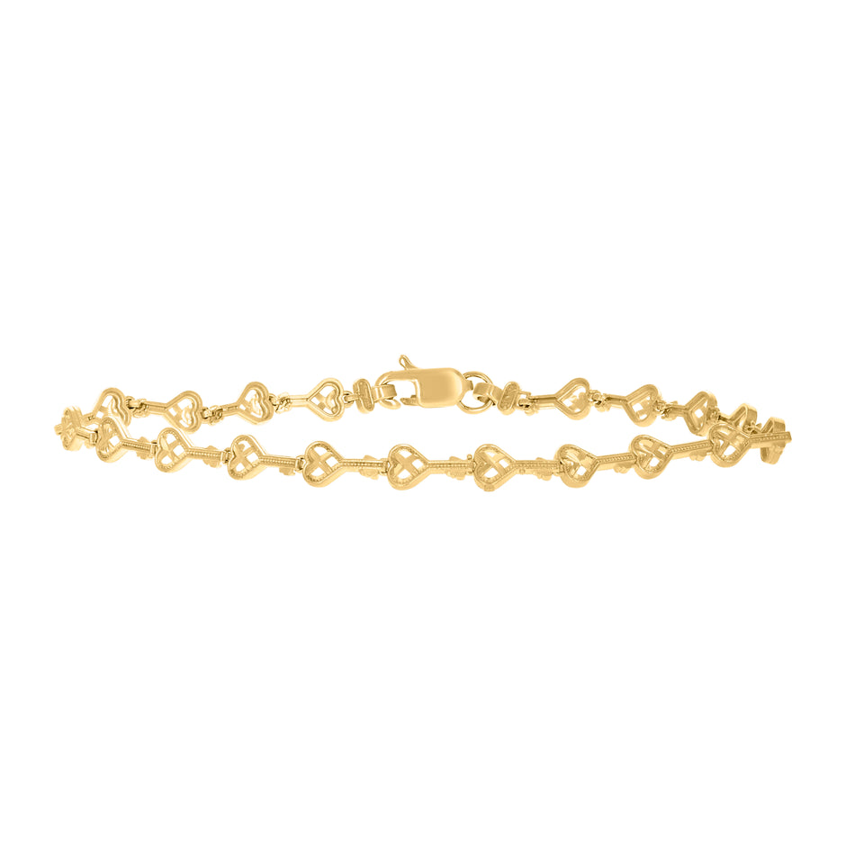 10kt Yellow Gold Womens Heart Key Link 8" Bracelet