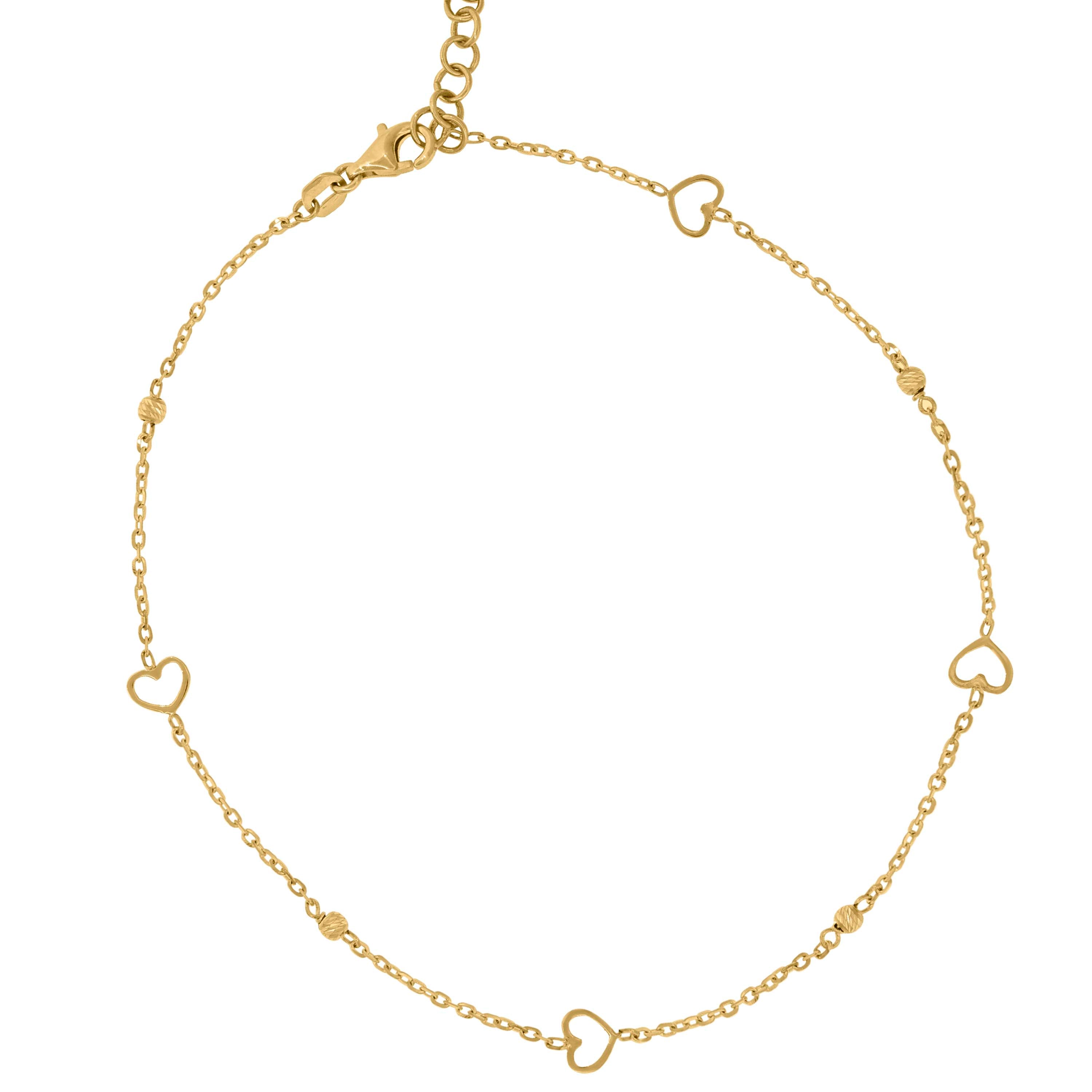 14Kt Yellow Gold Womens Polished Finish Textured Heart Beaded Anklet