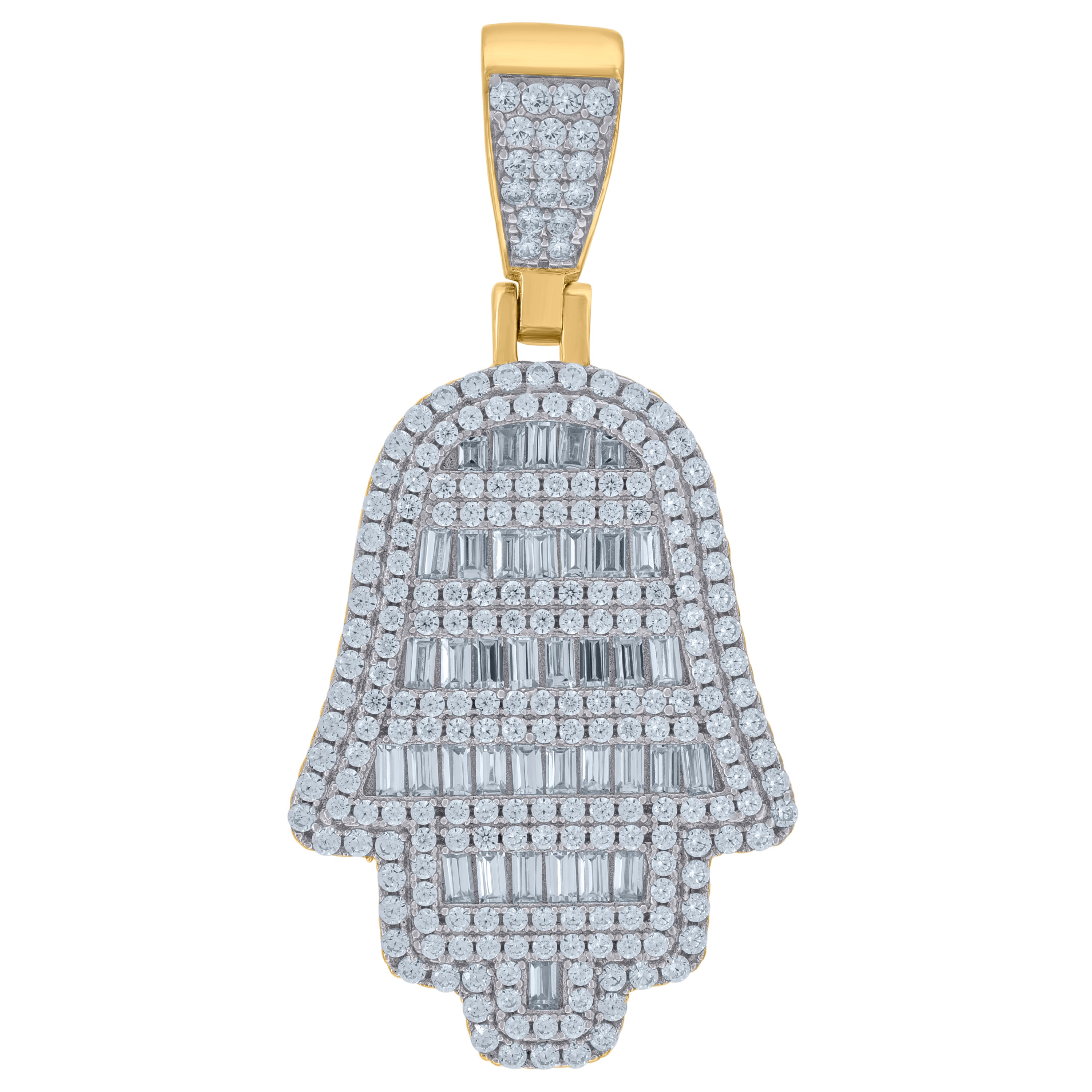 925 Sterling Silver Yellow-Tone Mens Baguette Round Cubic-Zirconia Humsa Symbol Religious Charm Pendant 