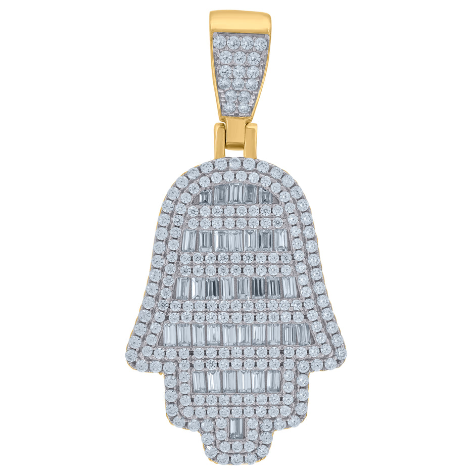 925 Sterling Silver Yellow-Tone Mens Baguette Round Cubic-Zirconia Humsa Symbol Religious Charm Pendant 