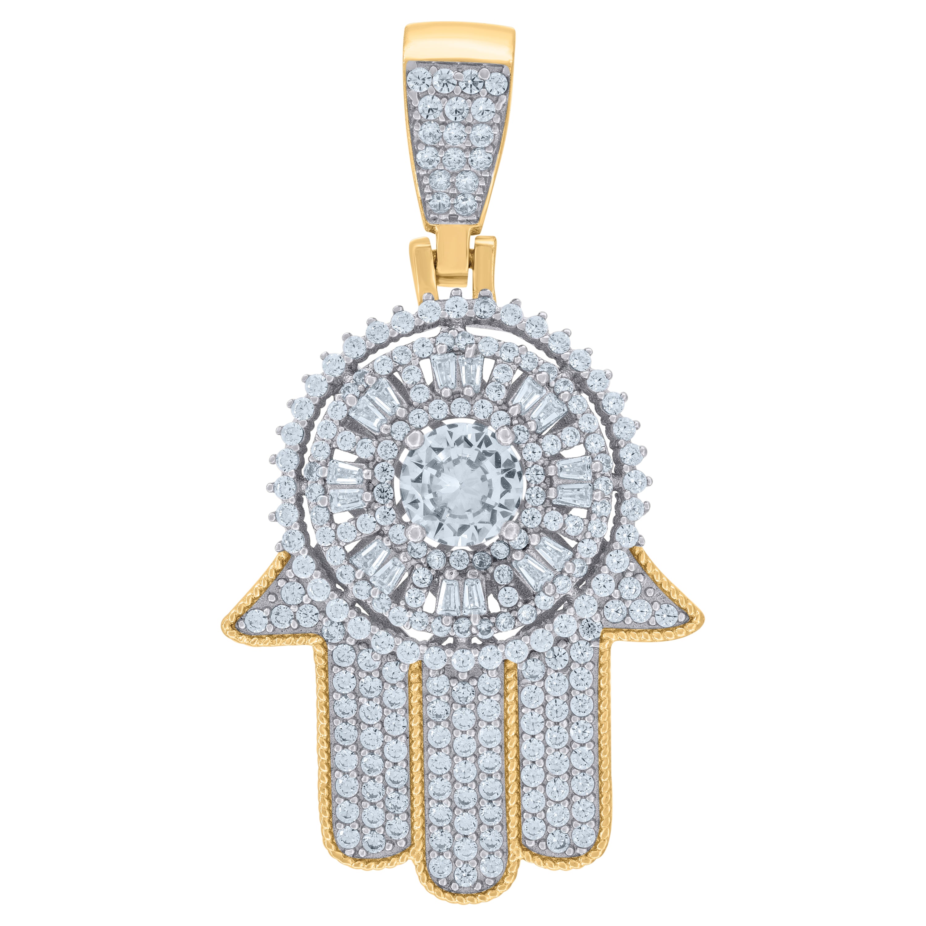 925 Sterling Silver Yellow-Tone Mens Baguette Round Cubic-Zirconia Humsa Symbol Religious Charm Pendant 