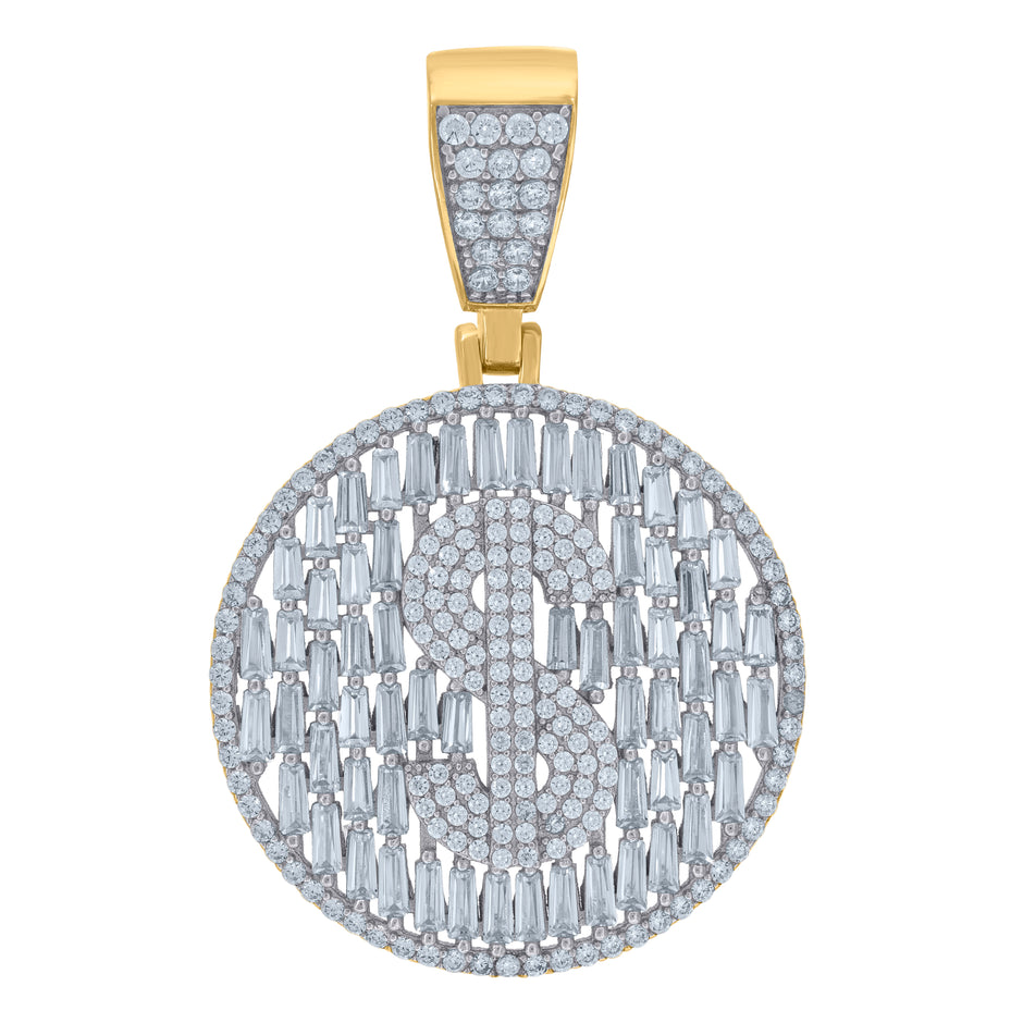 925 Sterling Silver Yellow-Tone Mens Baguette Round Cubic-Zirconia Medallion Dollar Sign Currency Fashion Charm Pendant 