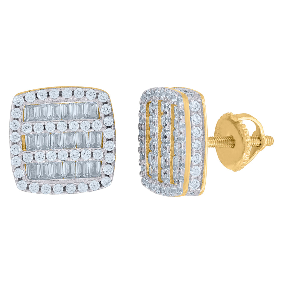 925 Sterling Silver Yellow-Tone Womens Baguette Cubic Zirconia Square Stud Earrings