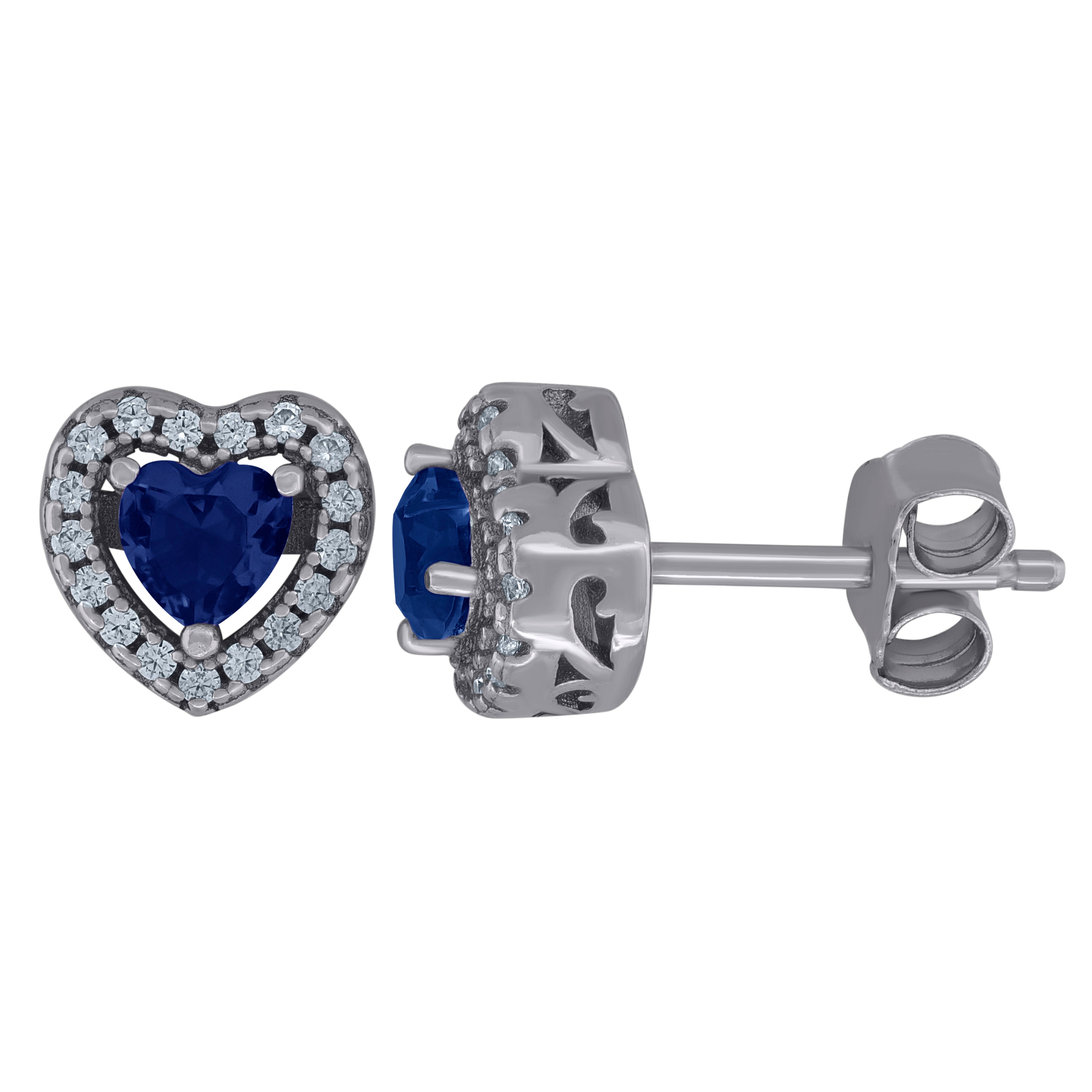 925 Sterling Silver Womens Royal Blue Cubic Zirconia Heart Stud Earrings