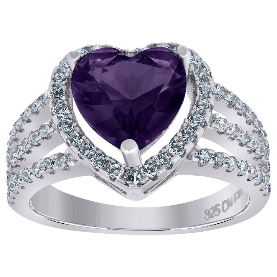 925 Sterling Silver Womens Purple Cubic Zirconia Heart Ring Size 7 - SLV-103940