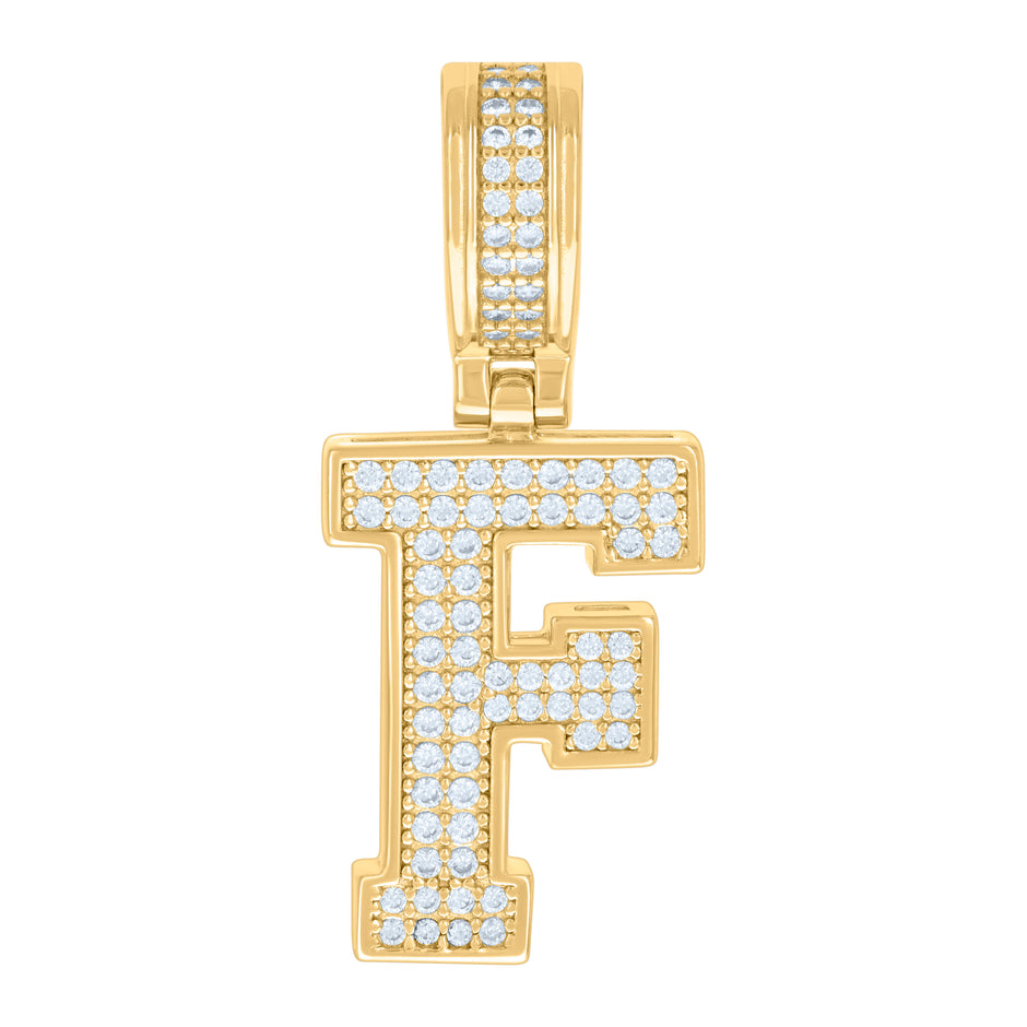 925 Sterling Silver Yellow-Tone Unisex Cubic-Zirconia Initial Letter F Charm Pendant