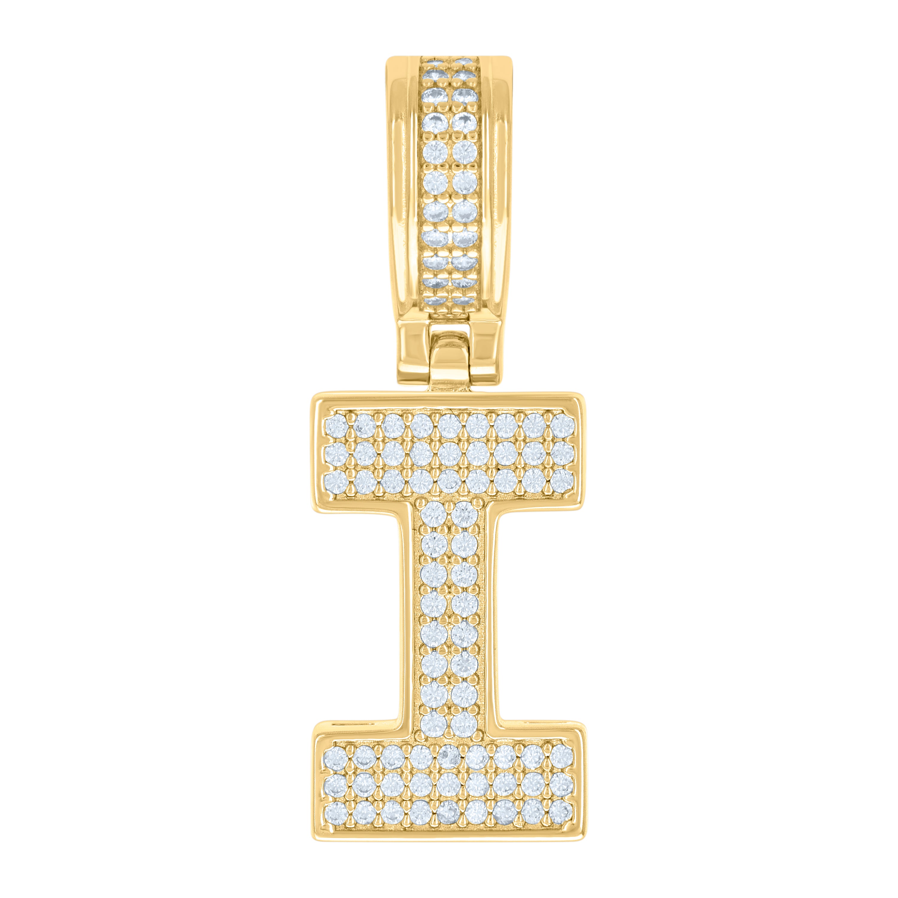 925 Sterling Silver Yellow-Tone Unisex Cubic-Zirconia Initial Letter I Charm Pendant