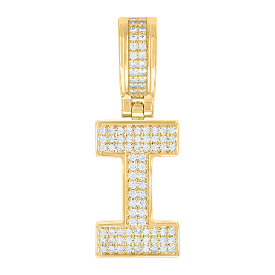 925 Sterling Silver Yellow-Tone Unisex Cubic-Zirconia Initial Letter I Charm Pendant