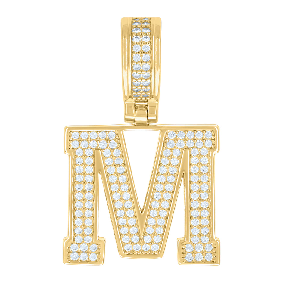 925 Sterling Silver Yellow-Tone Unisex Cubic-Zirconia Initial Letter M Charm Pendant