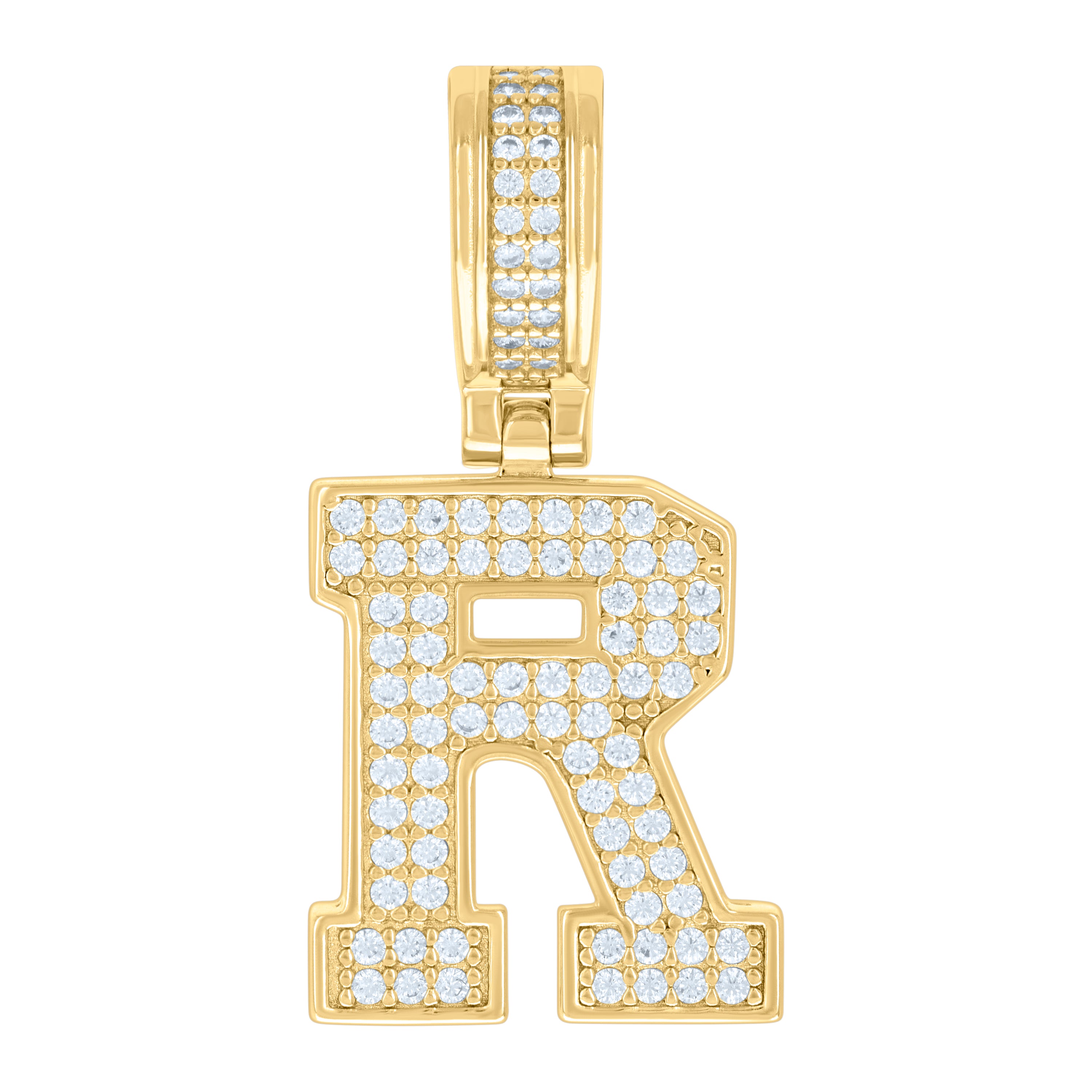 925 Sterling Silver Yellow-Tone Unisex Cubic-Zirconia Initial Letter R Charm Pendant