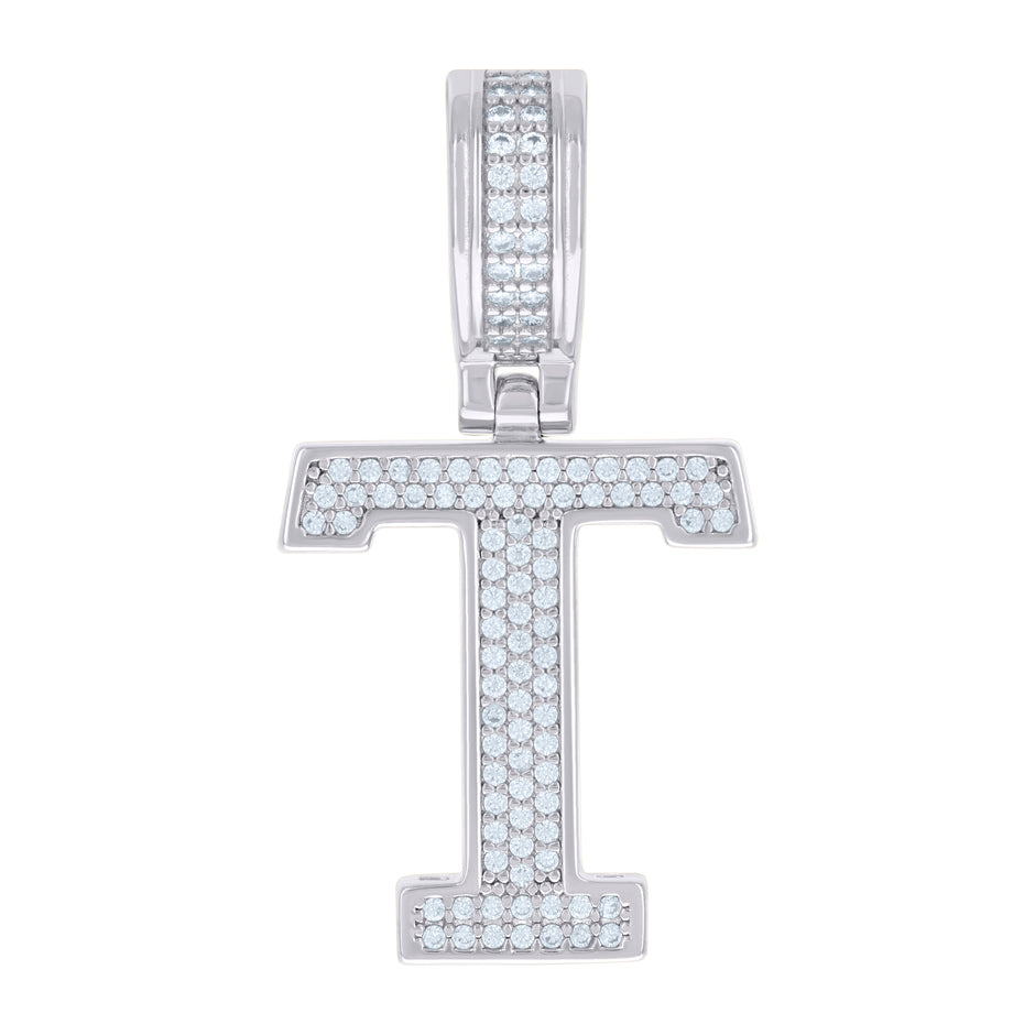 925 Sterling Silver Unisex Cubic-Zirconia Initial Letter T Charm Pendant