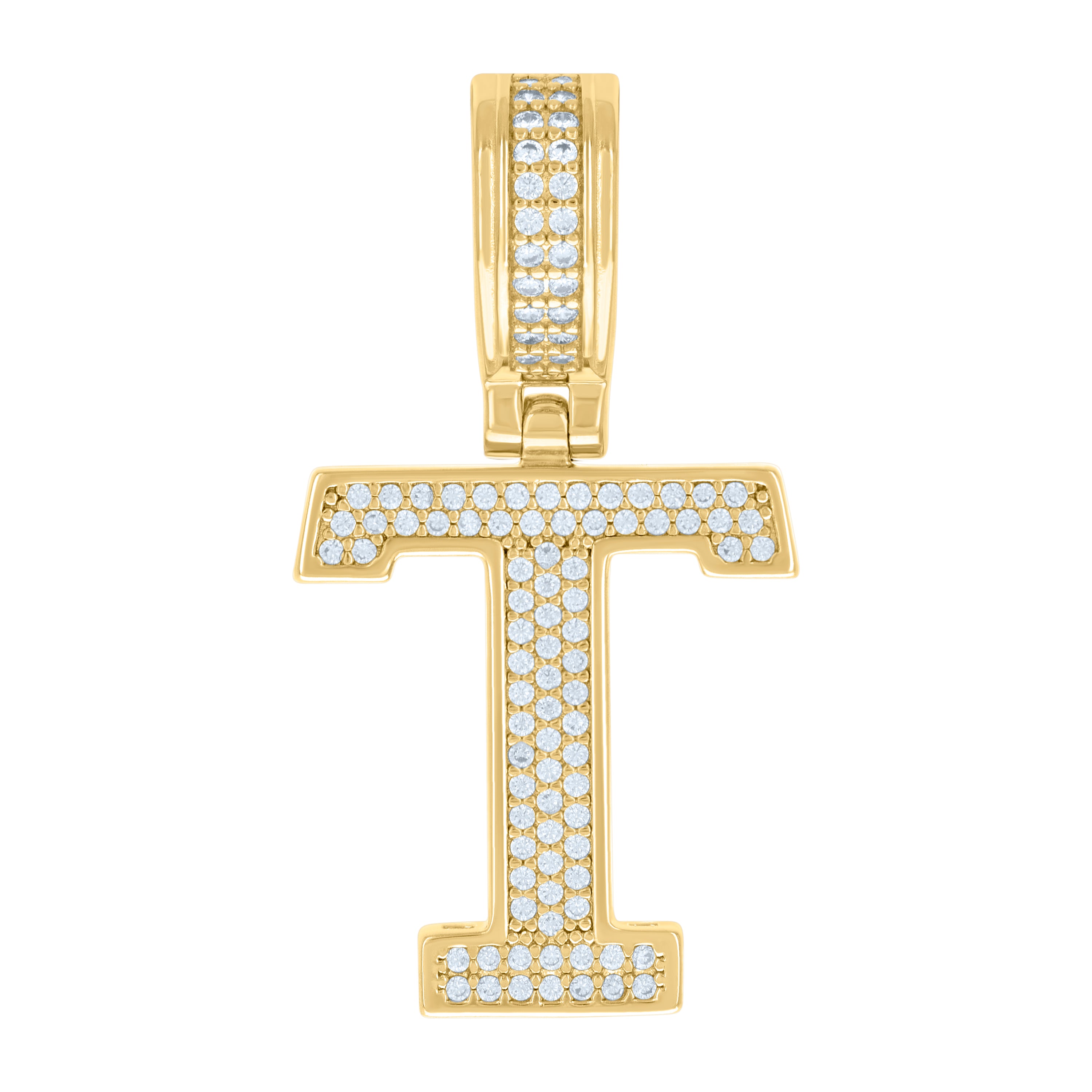925 Sterling Silver Yellow-Tone Unisex Cubic-Zirconia Initial Letter T Charm Pendant