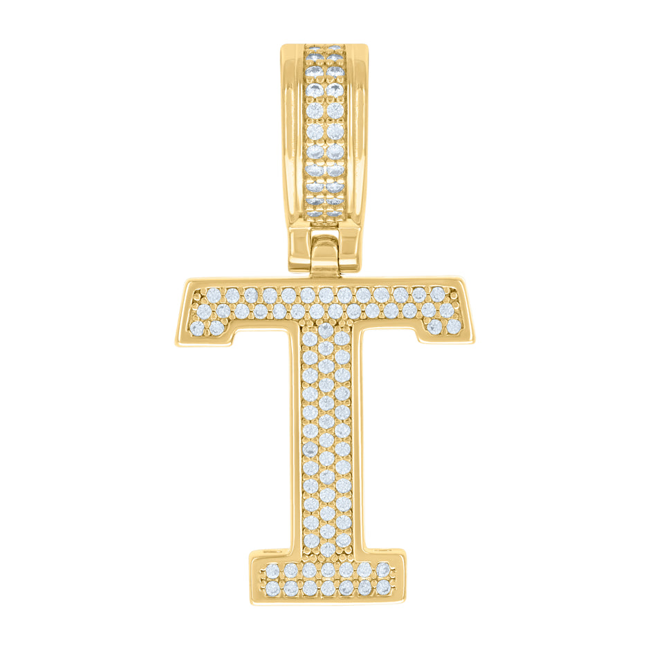 925 Sterling Silver Yellow-Tone Unisex Cubic-Zirconia Initial Letter T Charm Pendant