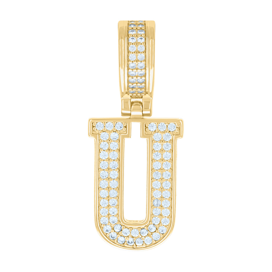 925 Sterling Silver Yellow-Tone Unisex Cubic-Zirconia Initial Letter U Charm Pendant