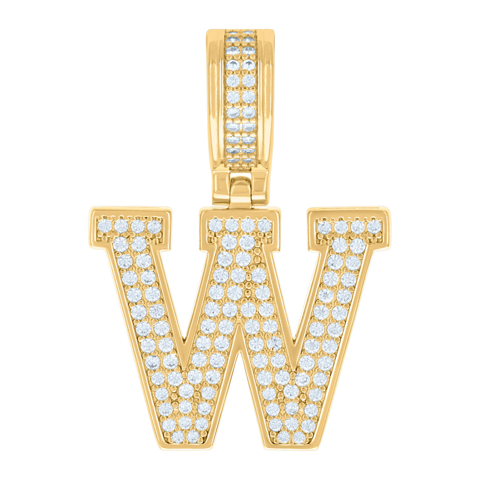925 Sterling Silver Yellow-Tone Unisex Cubic-Zirconia Initial Letter W Charm Pendant