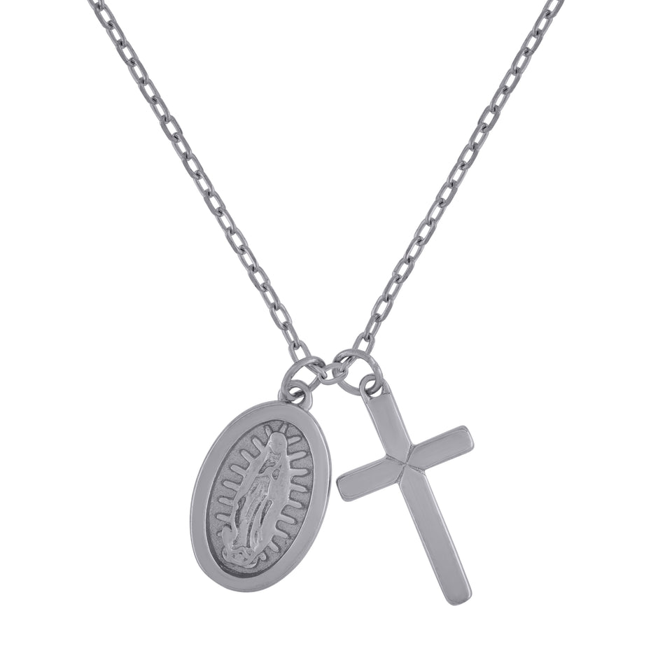 925 Sterling Silver Womens Cross & Guadalupe Religious Rolo Link Necklace