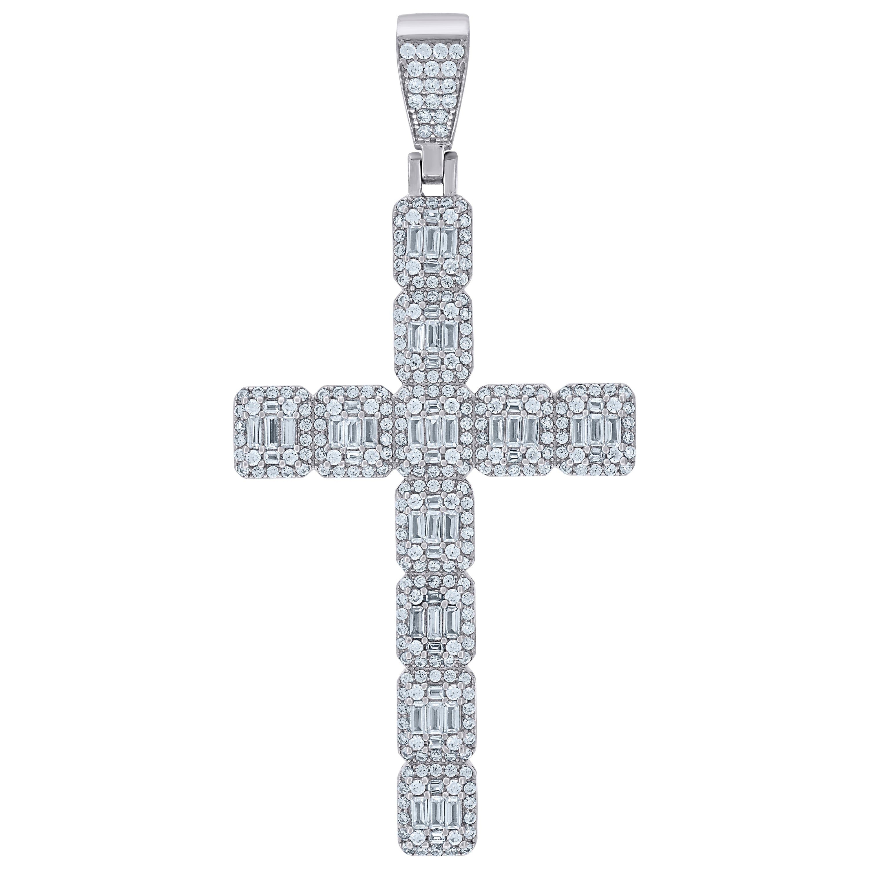 925 Sterling Silver Mens Baguette Round Cubic-Zirconia Cross Religious Charm Pendant 