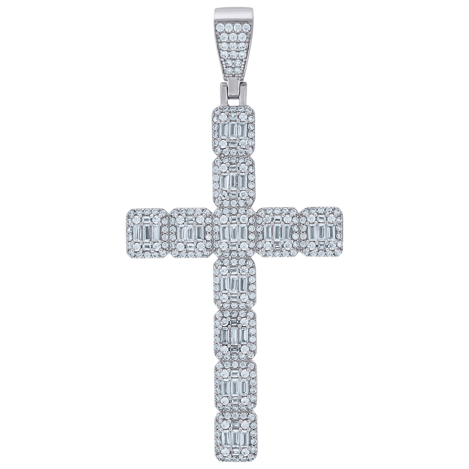 925 Sterling Silver Mens Baguette Round Cubic-Zirconia Cross Religious Charm Pendant 