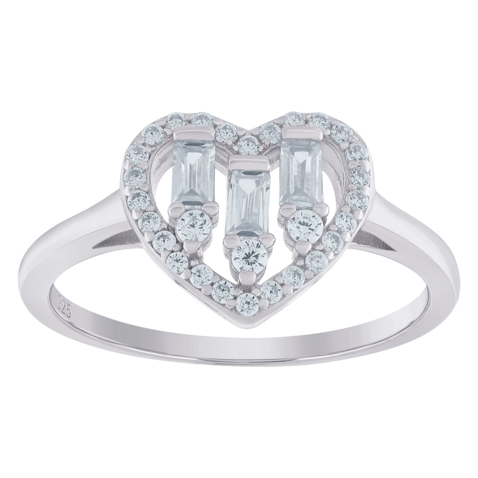 925 Sterling Silver Womens Baguette Cubic-Zirconia Heart Ring Size 6