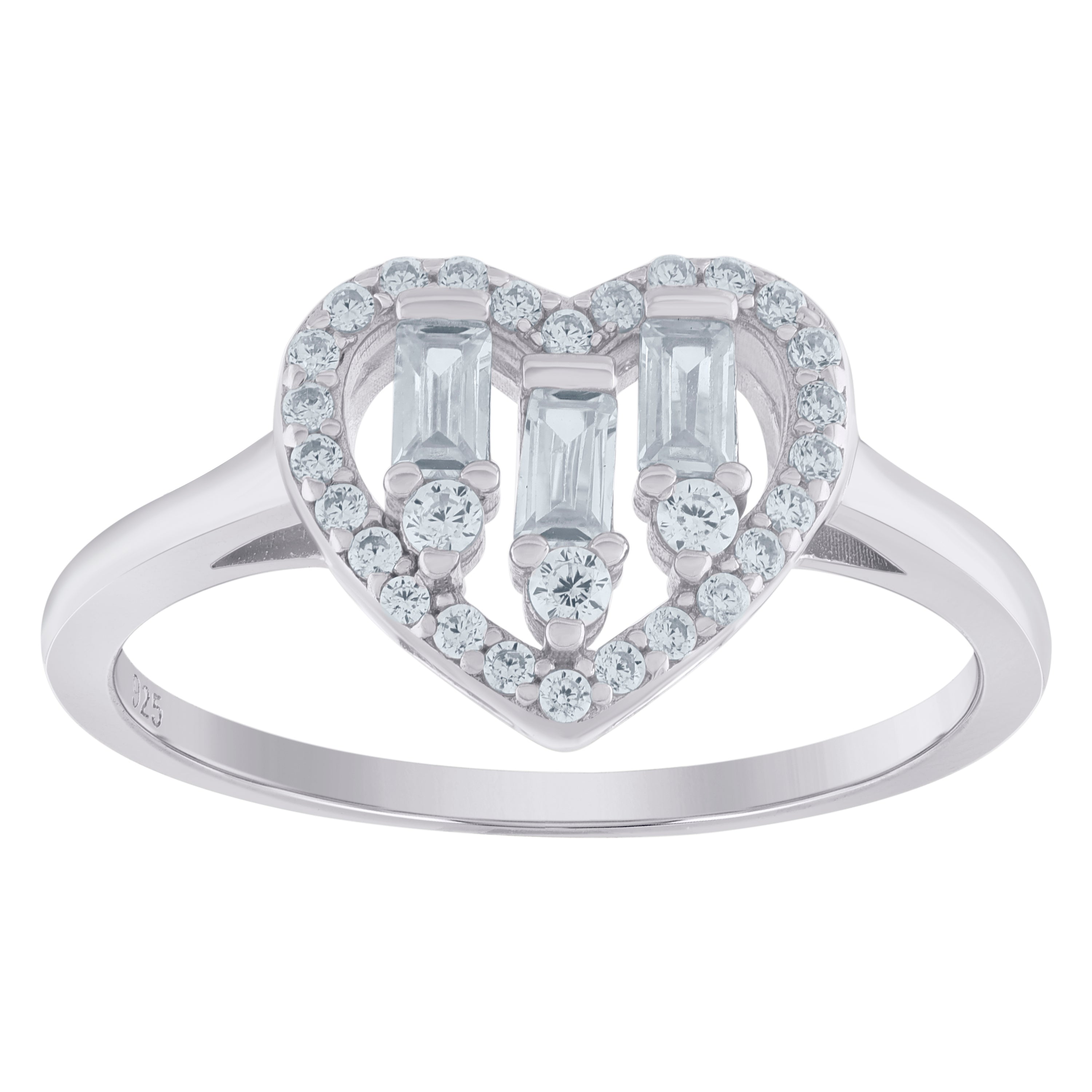 925 Sterling Silver Womens Baguette Cubic-Zirconia Heart Ring Size 9 - SLV-104649