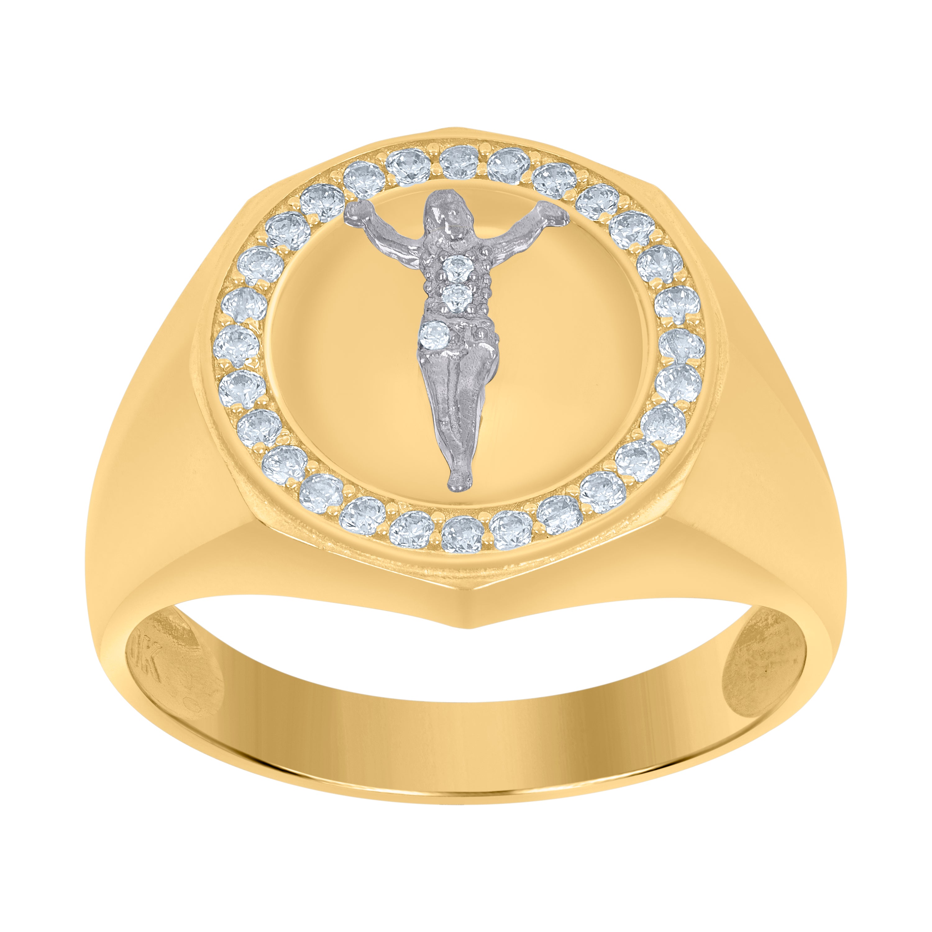 10kt Two-Tone Gold Mens Cubic-Zirconia Crucifix Religious Ring 