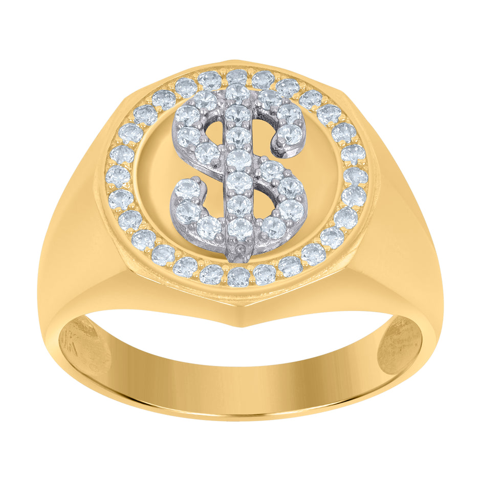 10kt Two-Tone Gold Mens Cubic-Zirconia Dollar Sign Symbols Currency Ring 