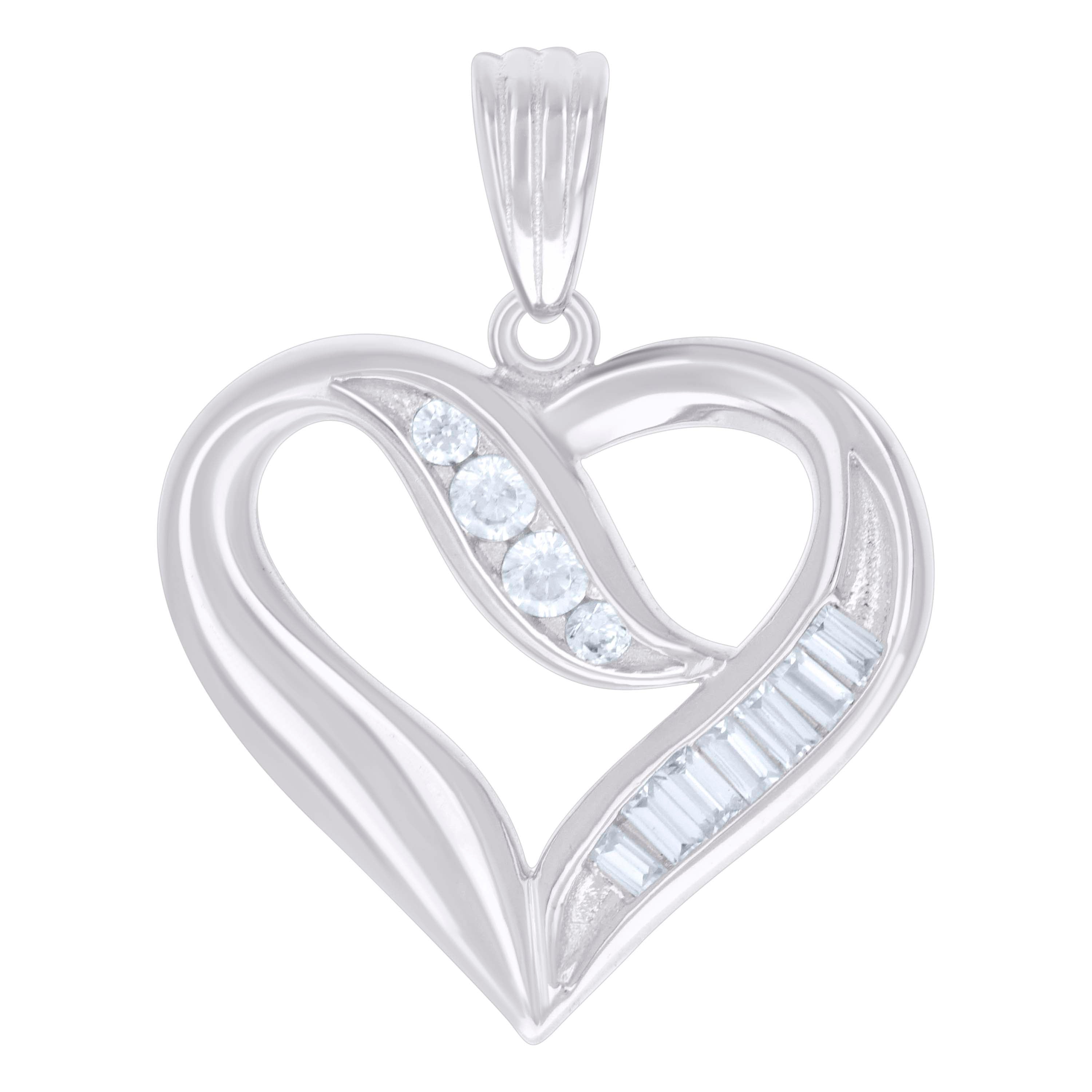 925 Sterling Silver Womens Baguette Cubic-Zirconia Heart Love Charm Pendant