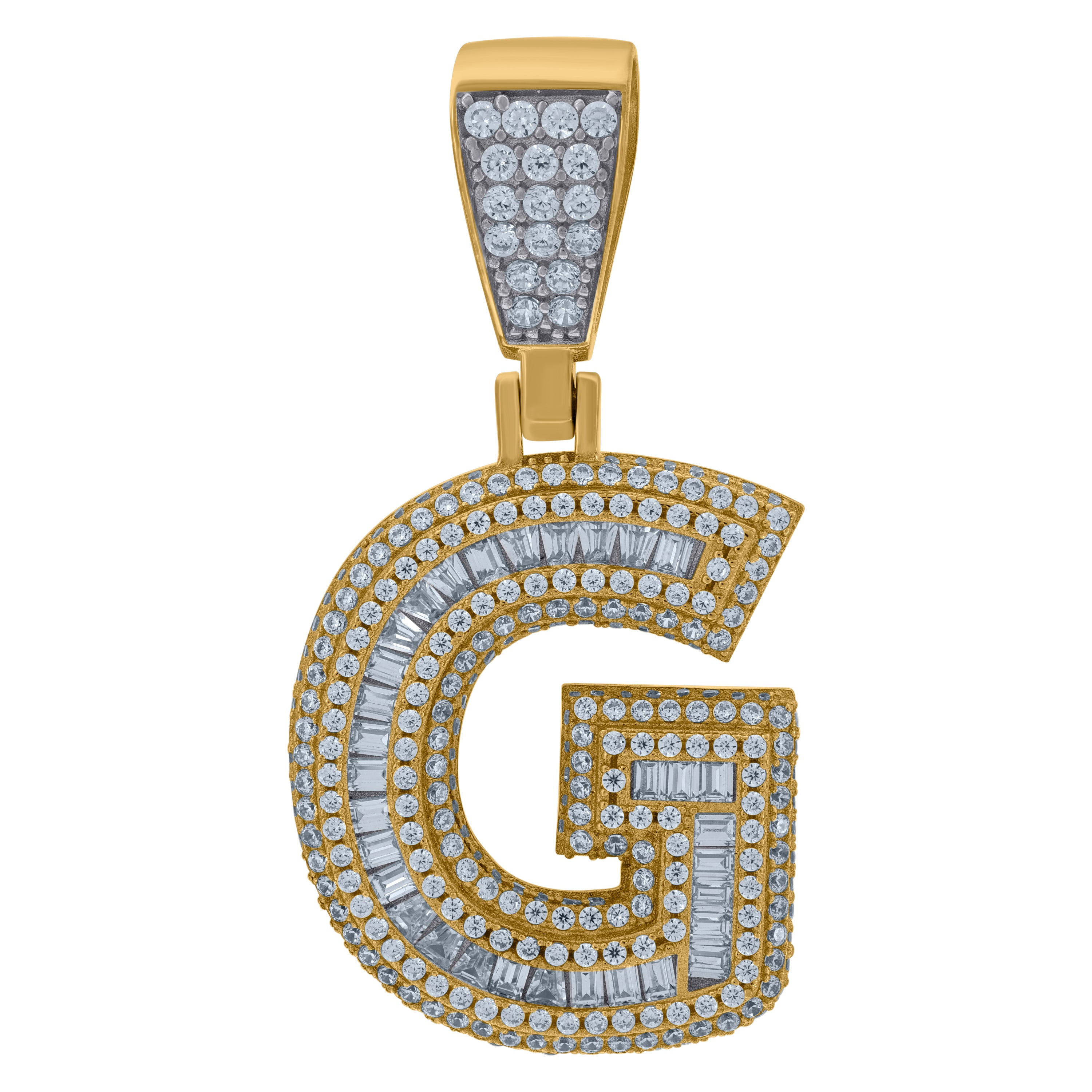 925 Sterling Silver Yellow-Tone Mens Baguette Cubic-Zirconia G Alphabet Initials Charm Pendant
