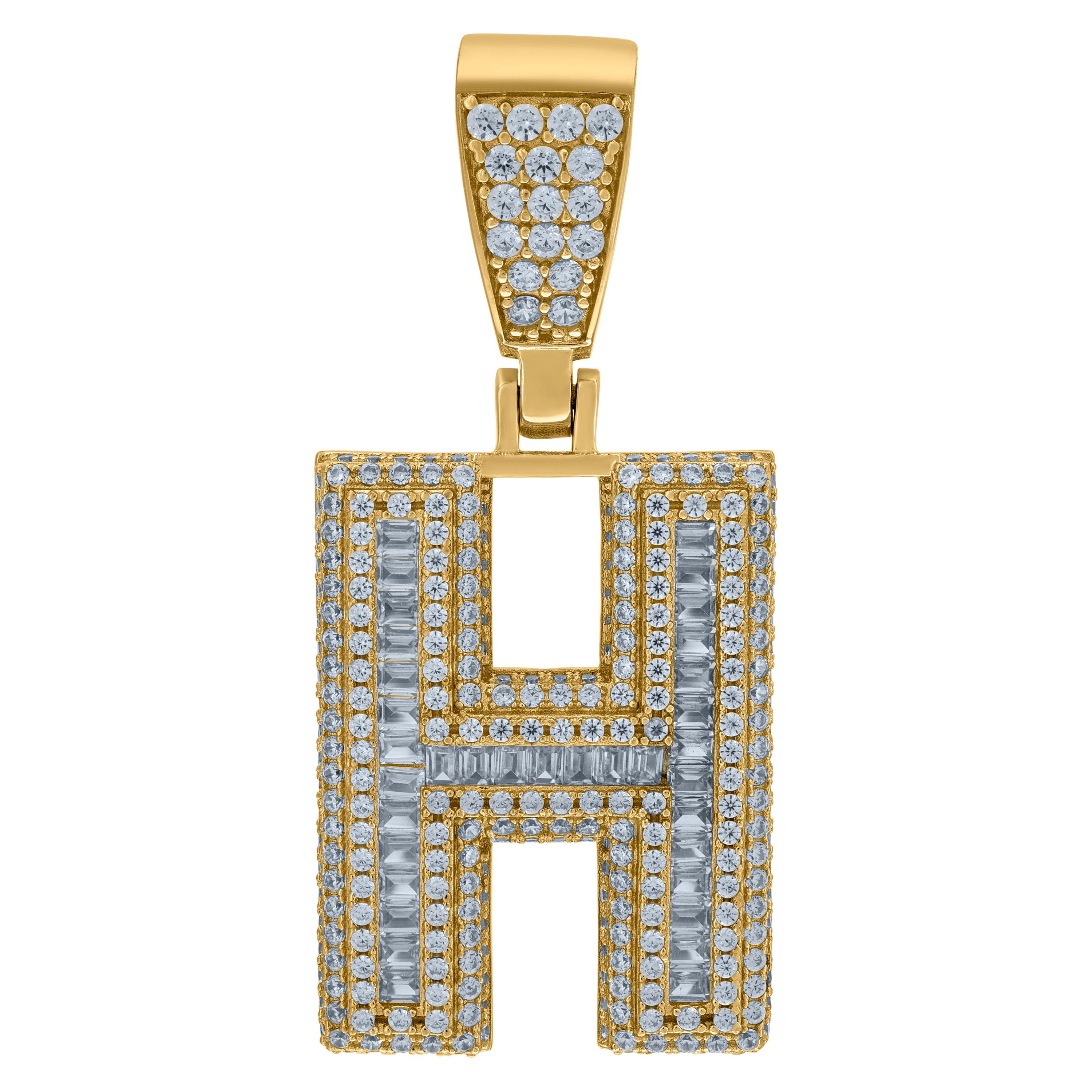 925 Sterling Silver Yellow-Tone Mens Baguette Cubic-Zirconia H Alphabet Initials Charm Pendant