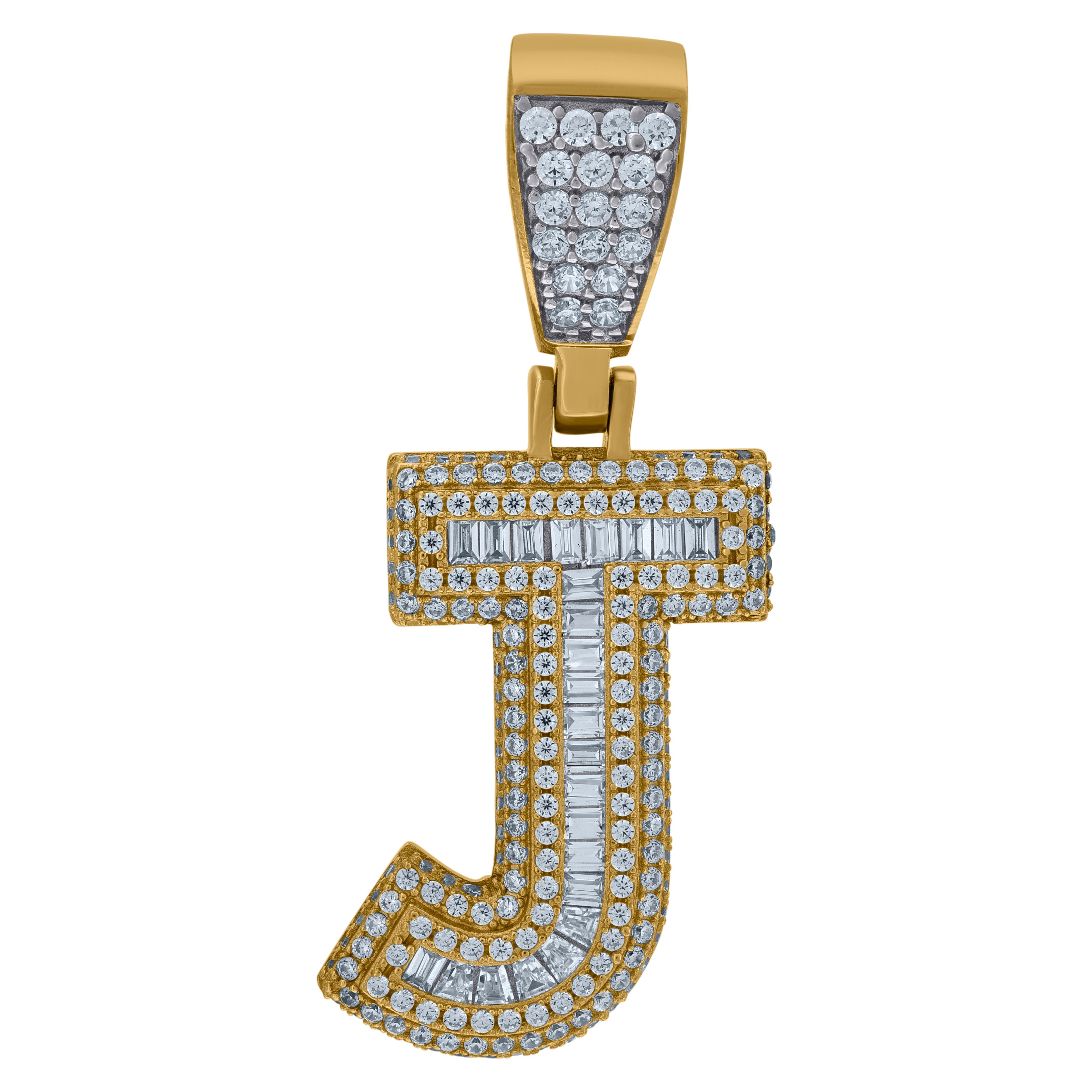 925 Sterling Silver Yellow-Tone Mens Baguette Cubic-Zirconia J Alphabet Initials Charm Pendant