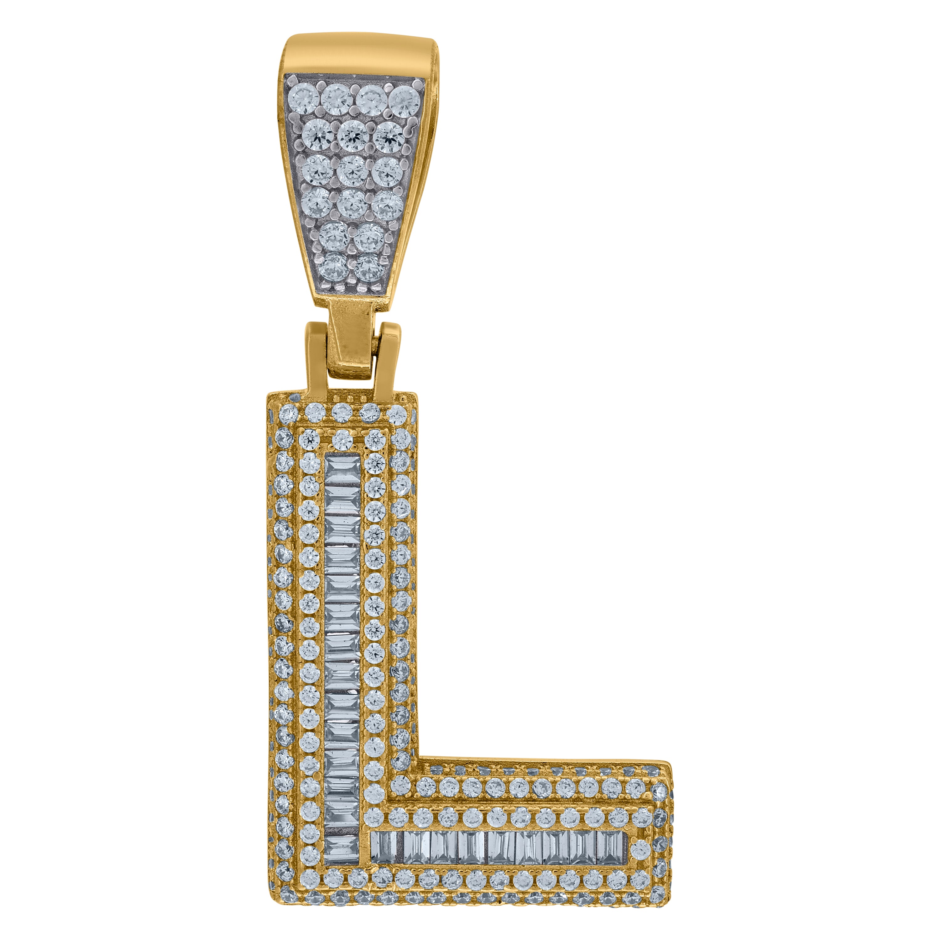 925 Sterling Silver Yellow-Tone Mens Baguette Cubic-Zirconia L Alphabet Initials Charm Pendant
