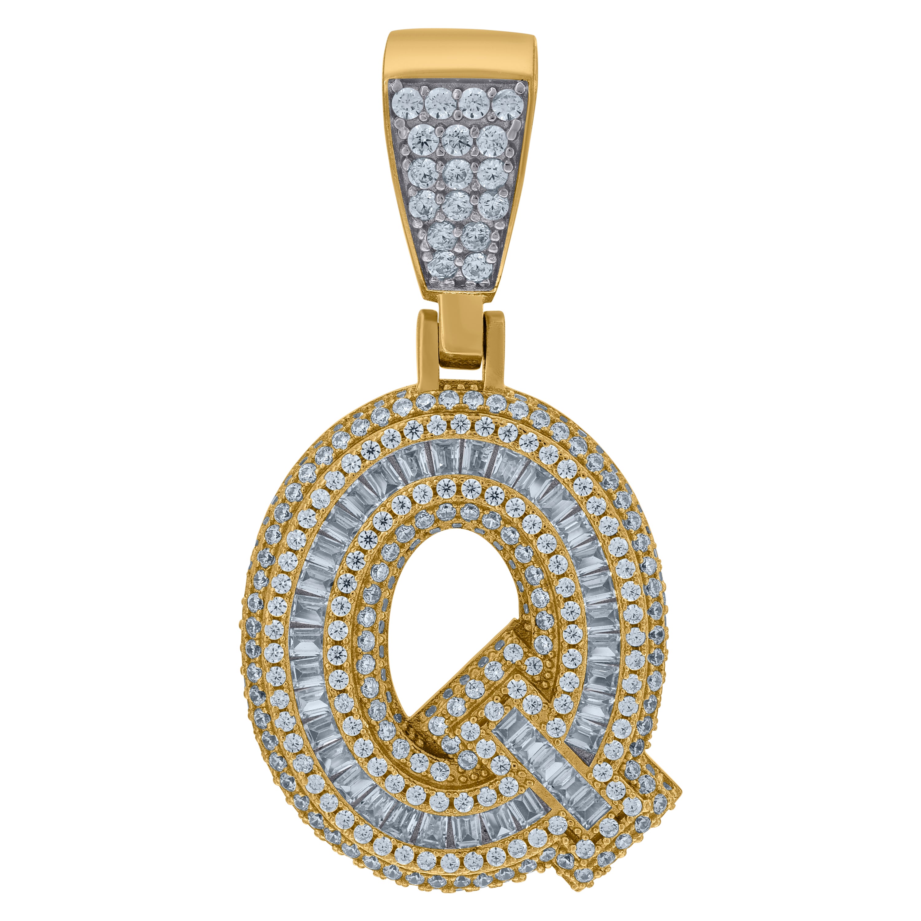 925 Sterling Silver Yellow-Tone Mens Baguette Cubic-Zirconia Q Alphabet Initials Charm Pendant