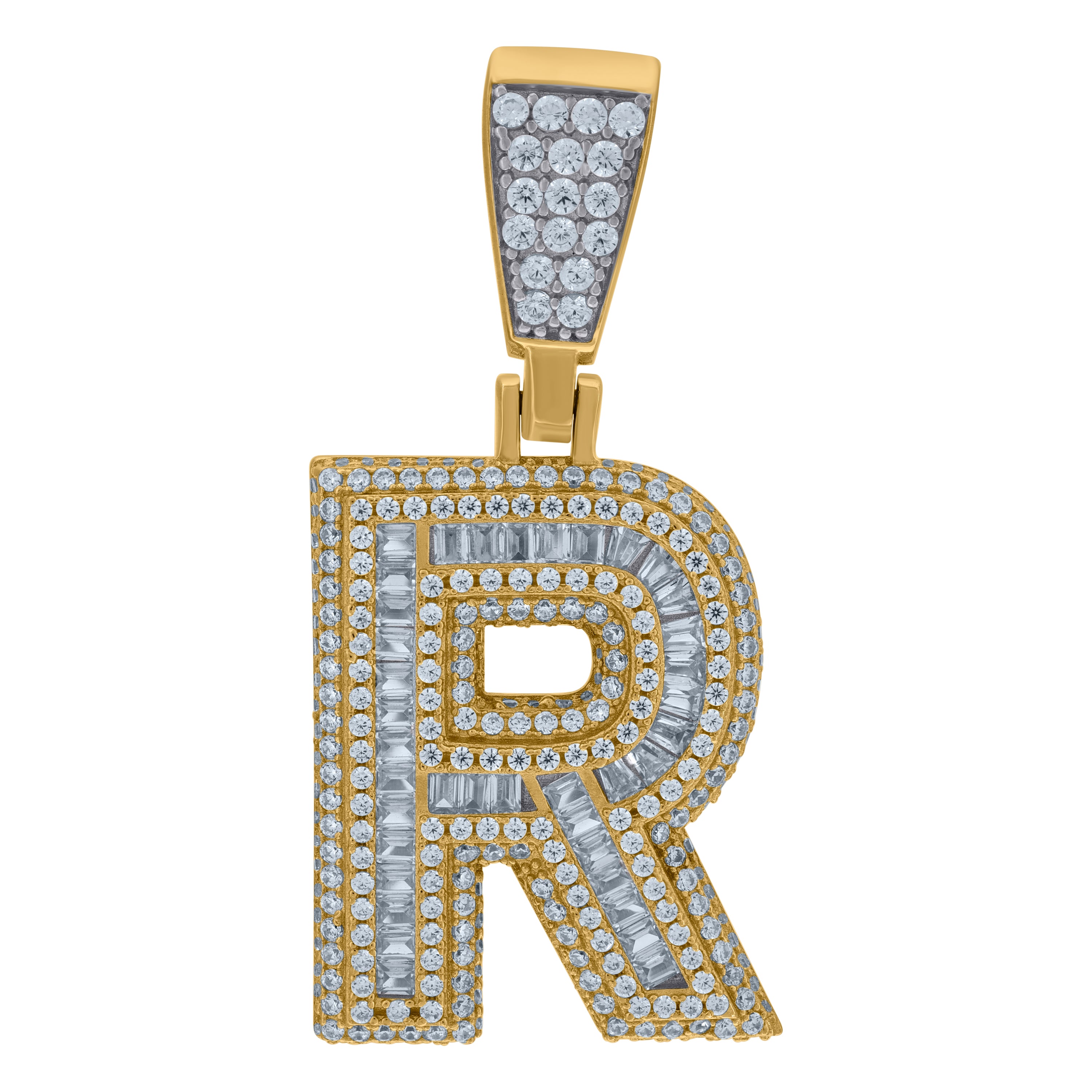 925 Sterling Silver Yellow-Tone Mens Baguette Cubic-Zirconia R Alphabet Initials Charm Pendant