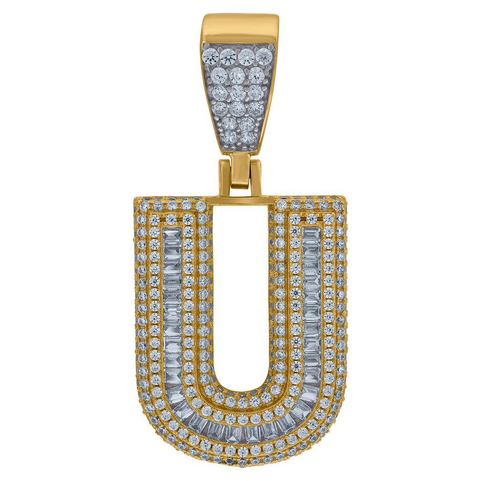 925 Sterling Silver Yellow-Tone Mens Baguette Cubic-Zirconia U Alphabet Initials Charm Pendant