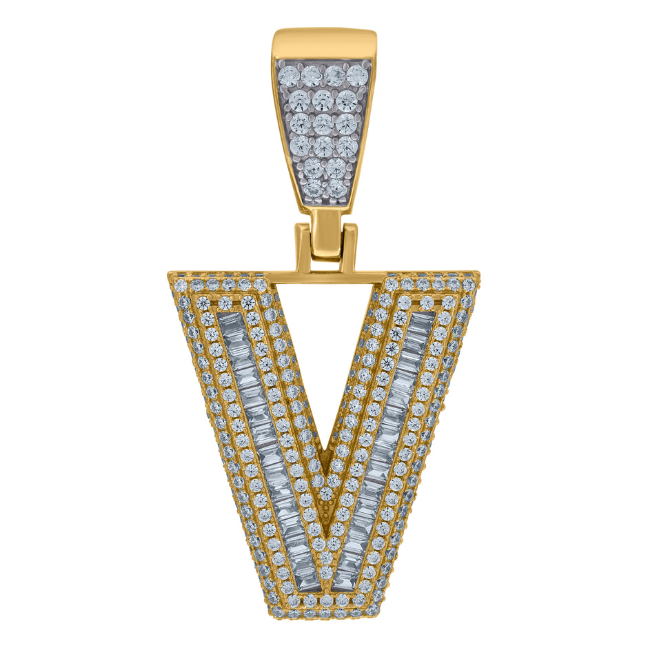 925 Sterling Silver Yellow-Tone Mens Baguette Cubic-Zirconia B Alphabet Initials Charm Pendant