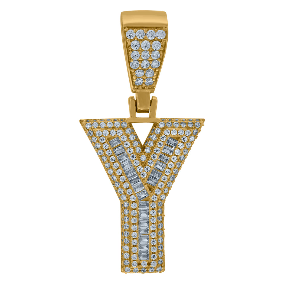 925 Sterling Silver Yellow-Tone Mens Baguette Cubic-Zirconia Y Alphabet Initials Charm Pendant