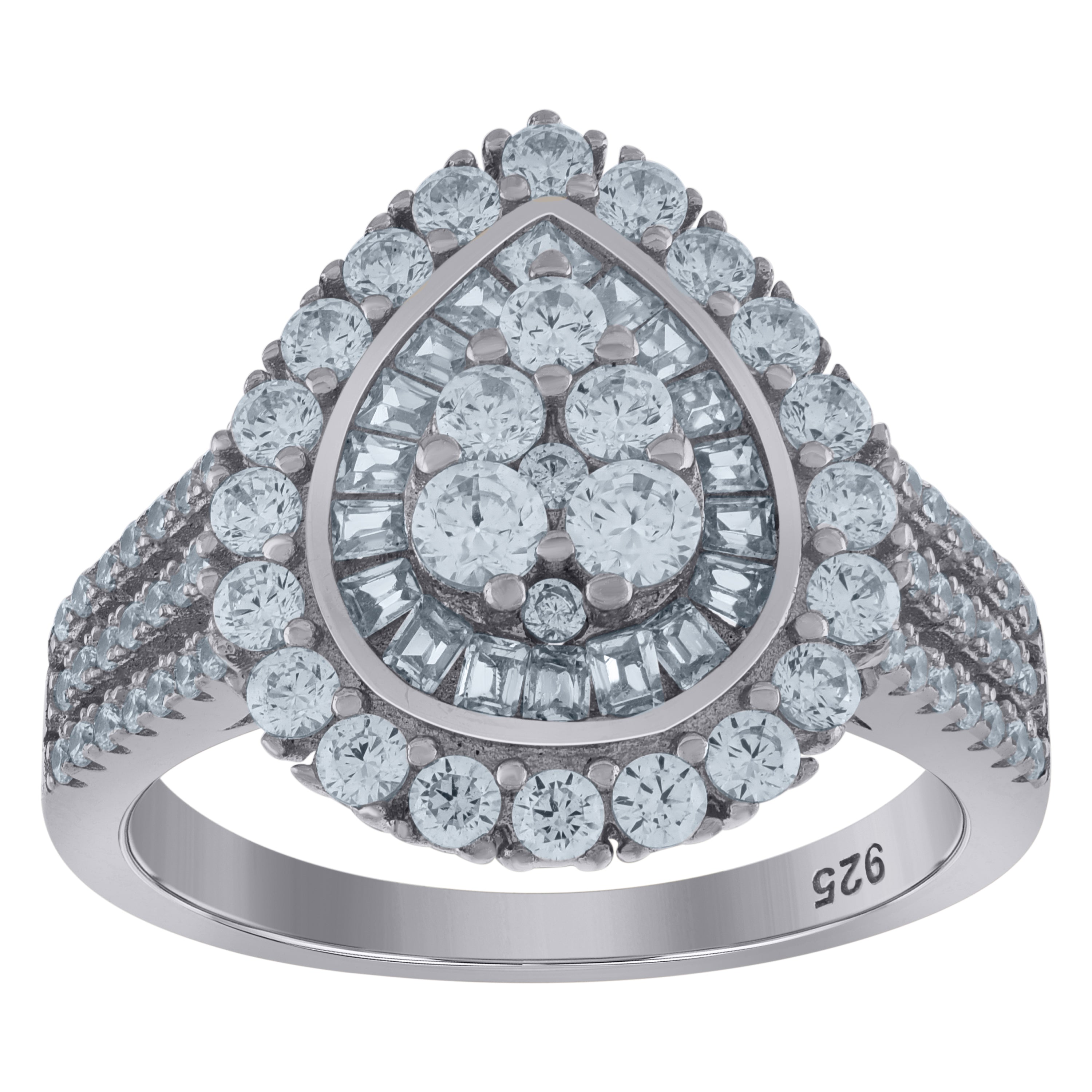 925 Sterling Silver Womens Baguette Cubic-Zirconia Tear Drop Fashion Ring Size 9 - SLV-105695