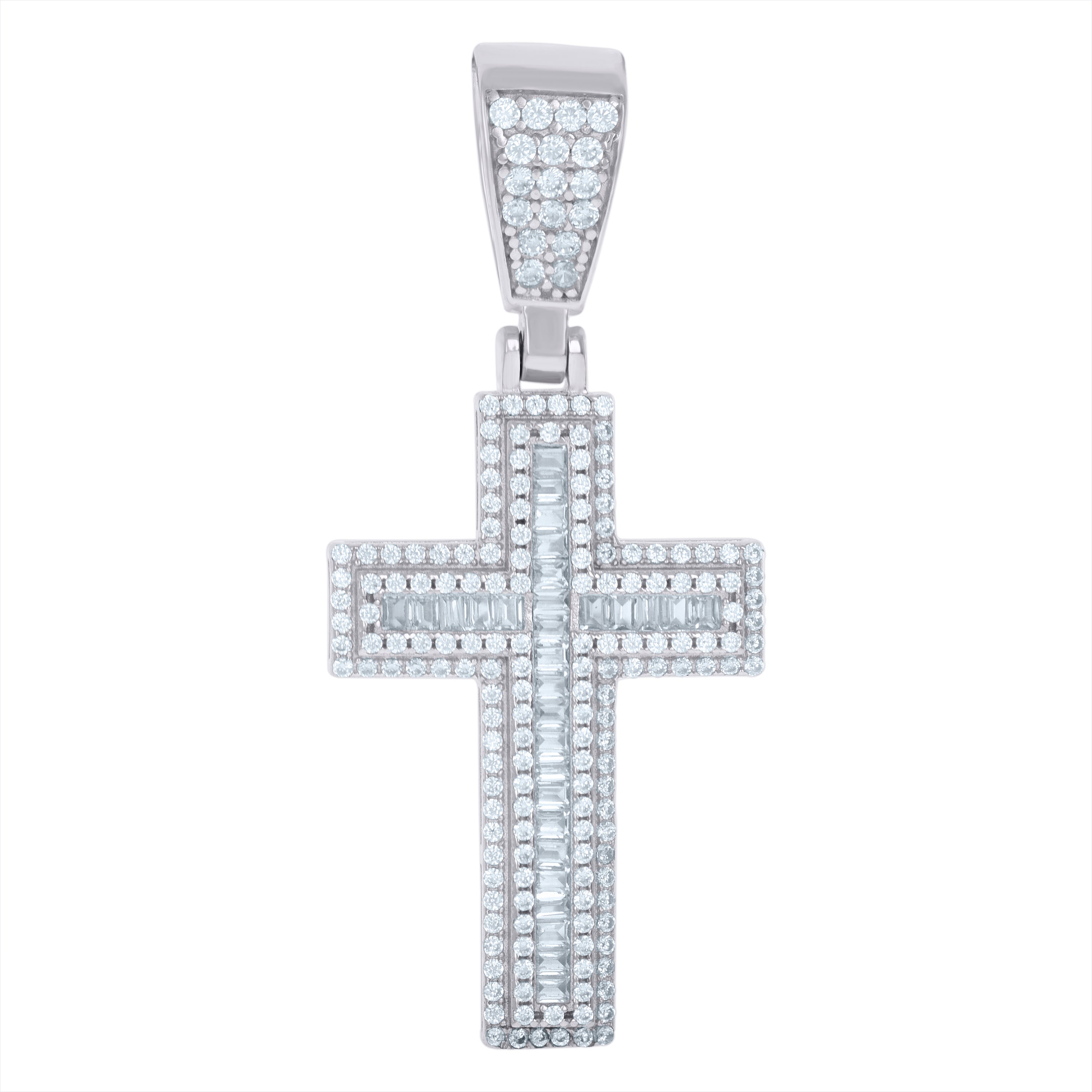 925 Sterling Silver Unisex Round Baguette Cubic-Zirconia Cross Religious Charm Pendant