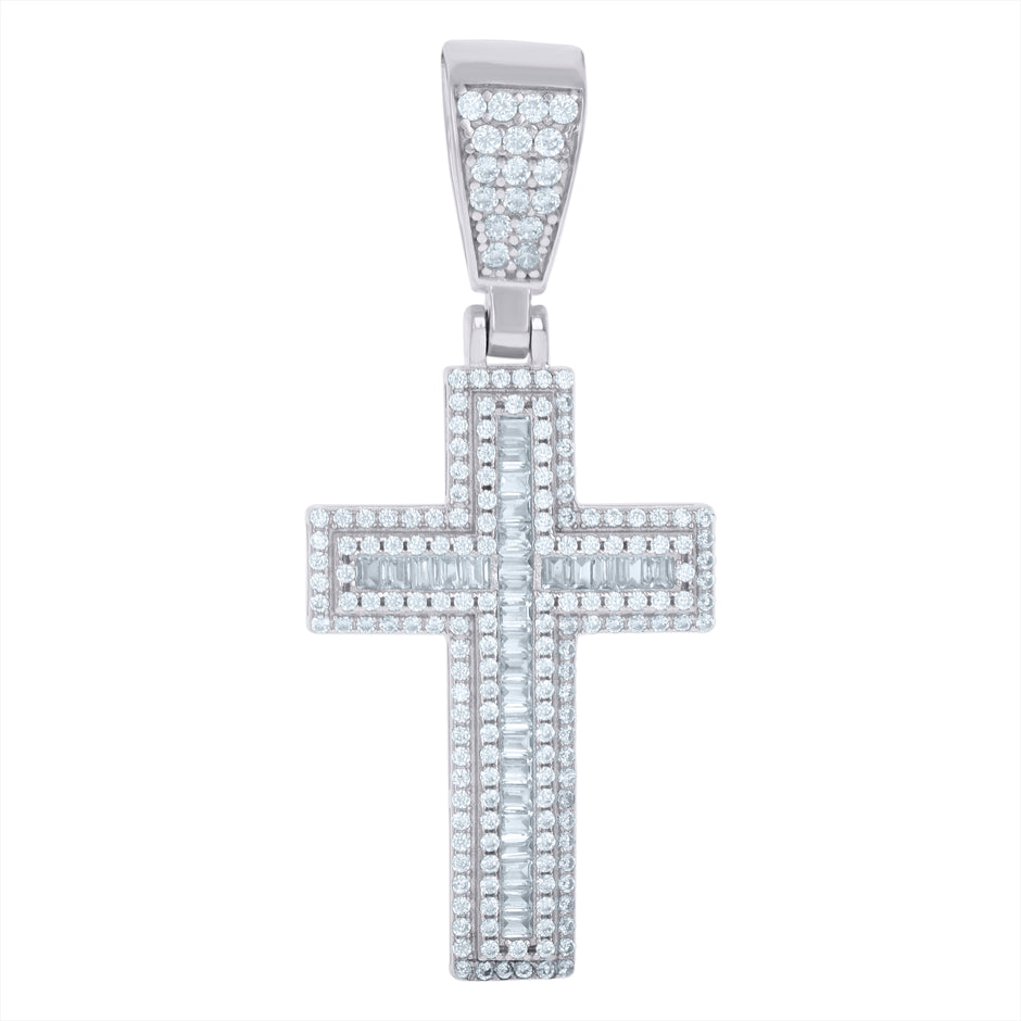 925 Sterling Silver Unisex Round Baguette Cubic-Zirconia Cross Religious Charm Pendant